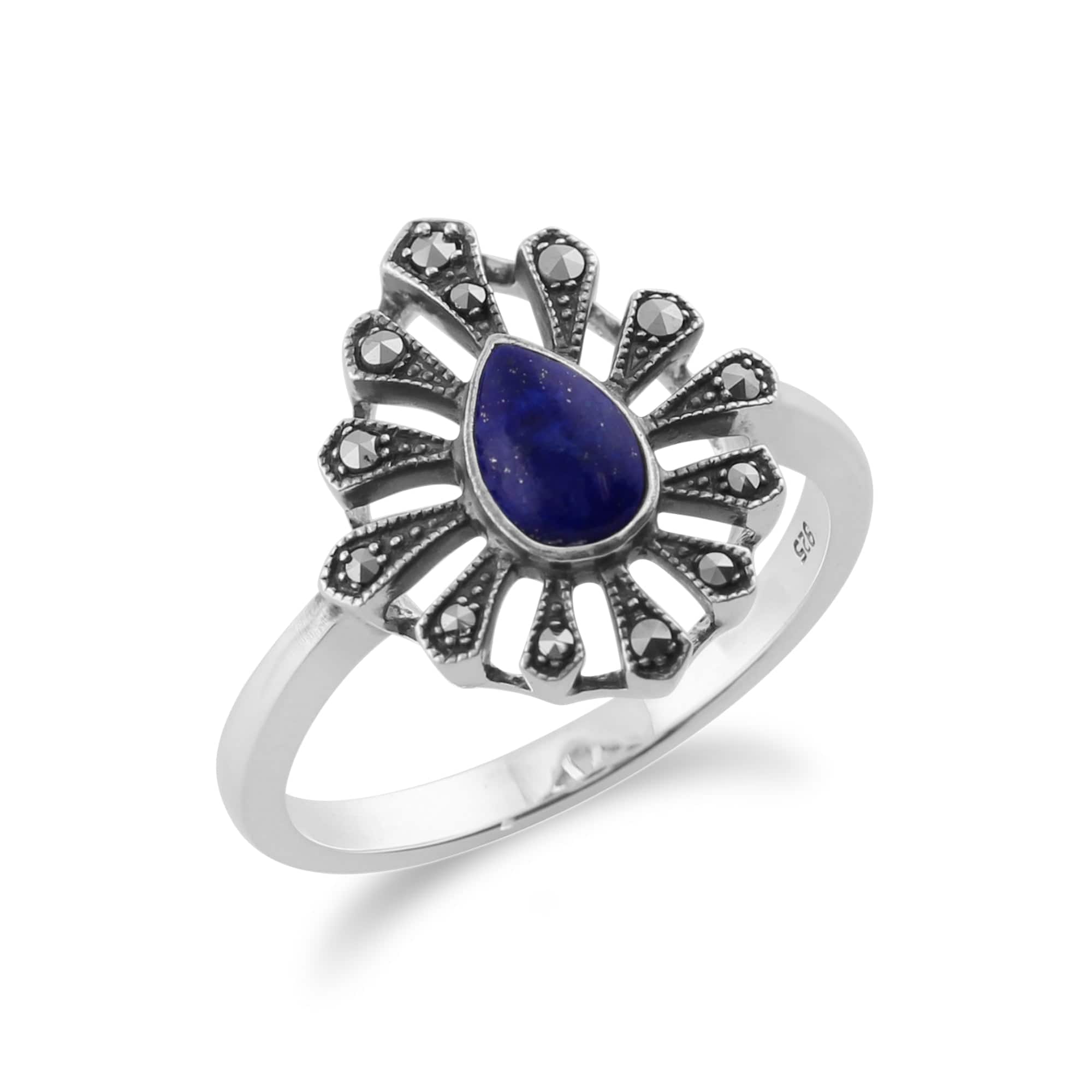 214R583904925 Gemondo 925 Sterling Silver 0.30ct Lapis Lazuli & Marcasite Art Deco Ring 2