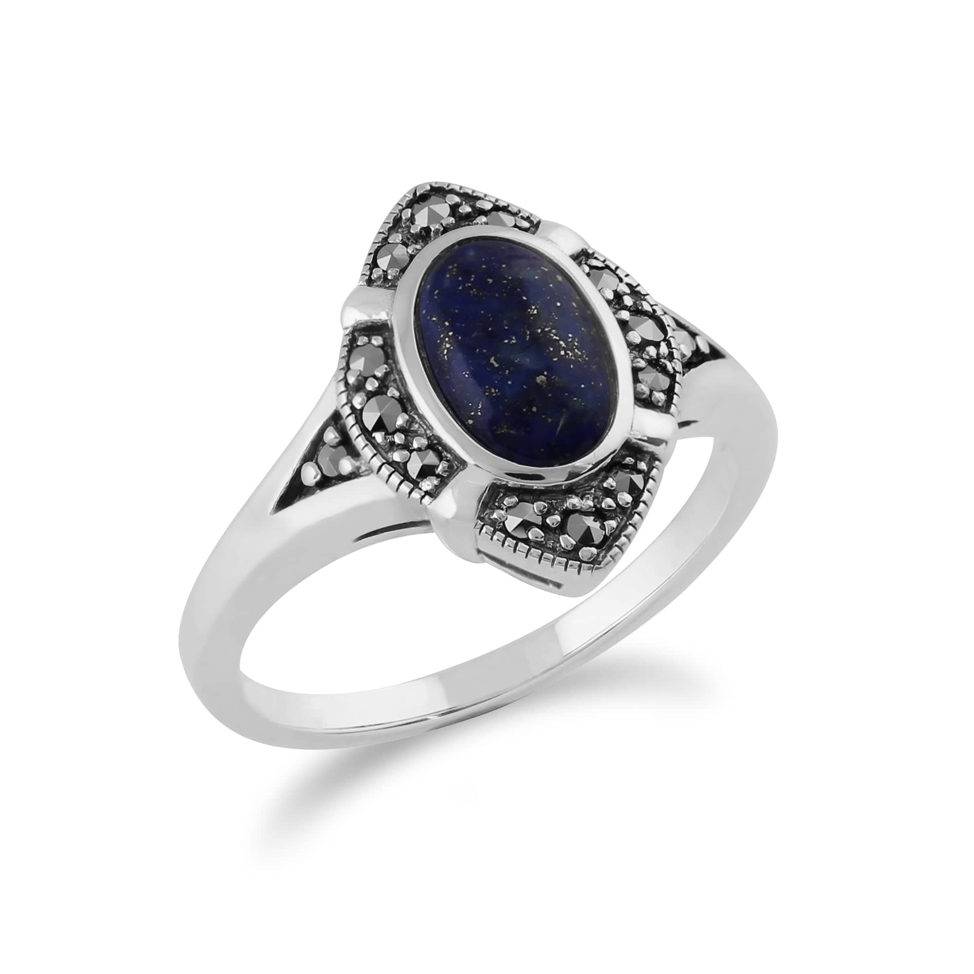 214R585202925 Gemondo 925 Sterling Silver 1.00ct Lapis Lazuli & Marcasite Art Deco Ring 2