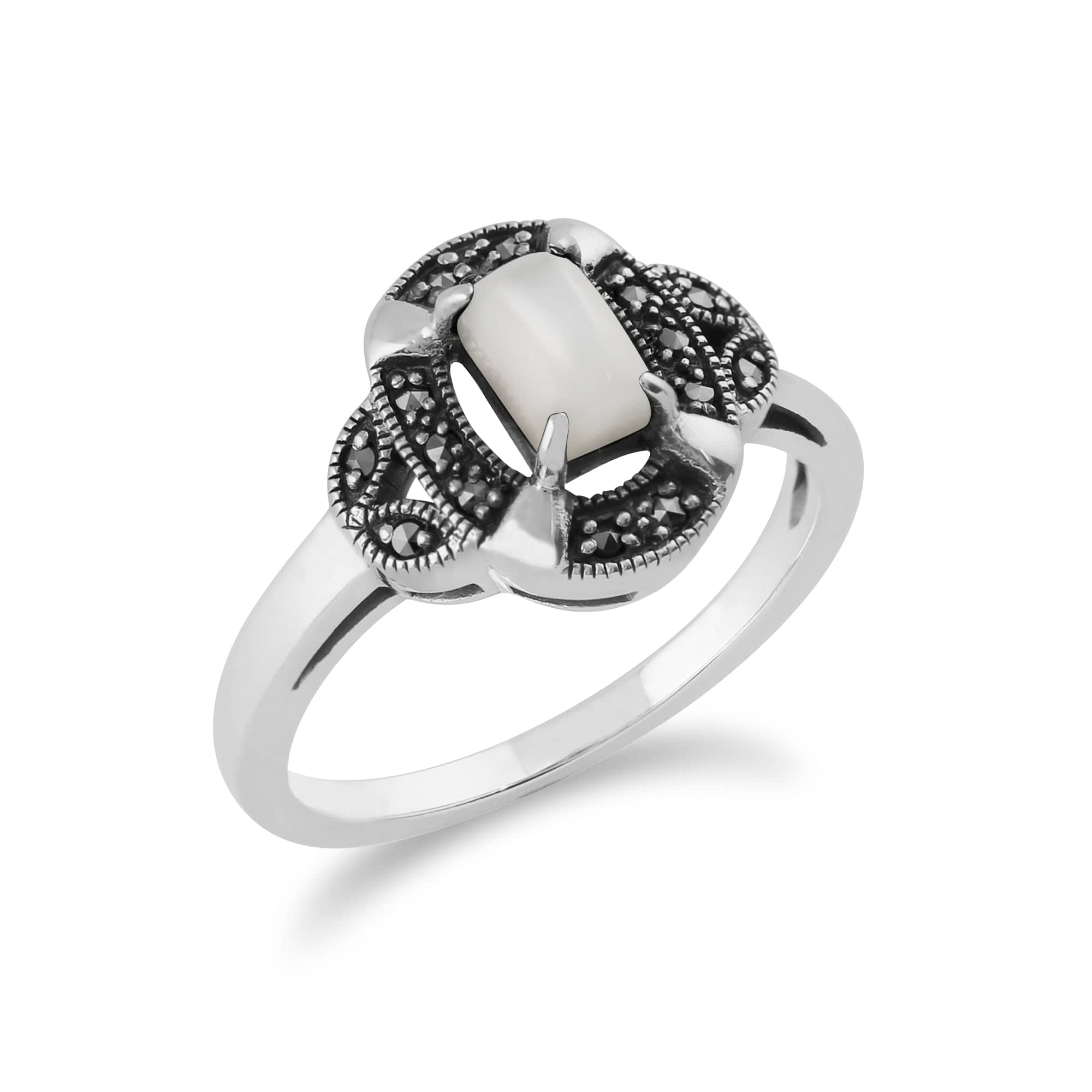 214R585702925 Gemondo 925 Sterling Silver 0.50ct Mother of Pearl & Marcasite Art Deco Ring 2