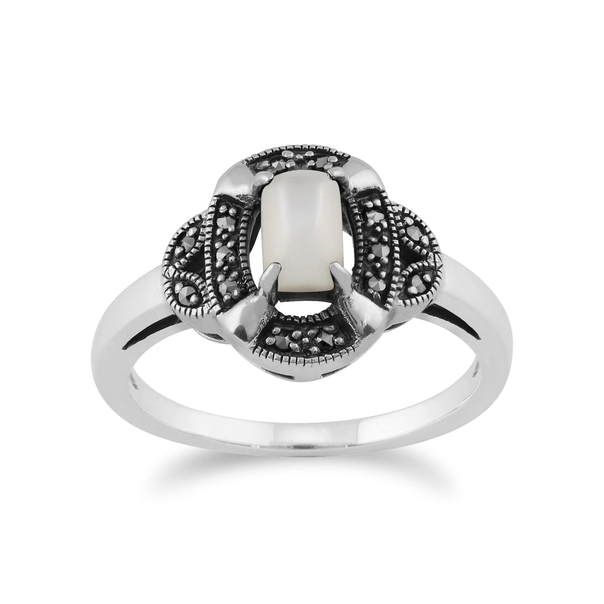 Gemondo 925 Sterling Silver 0.50ct Mother of Pearl & Marcasite Art Deco Ring Image 1