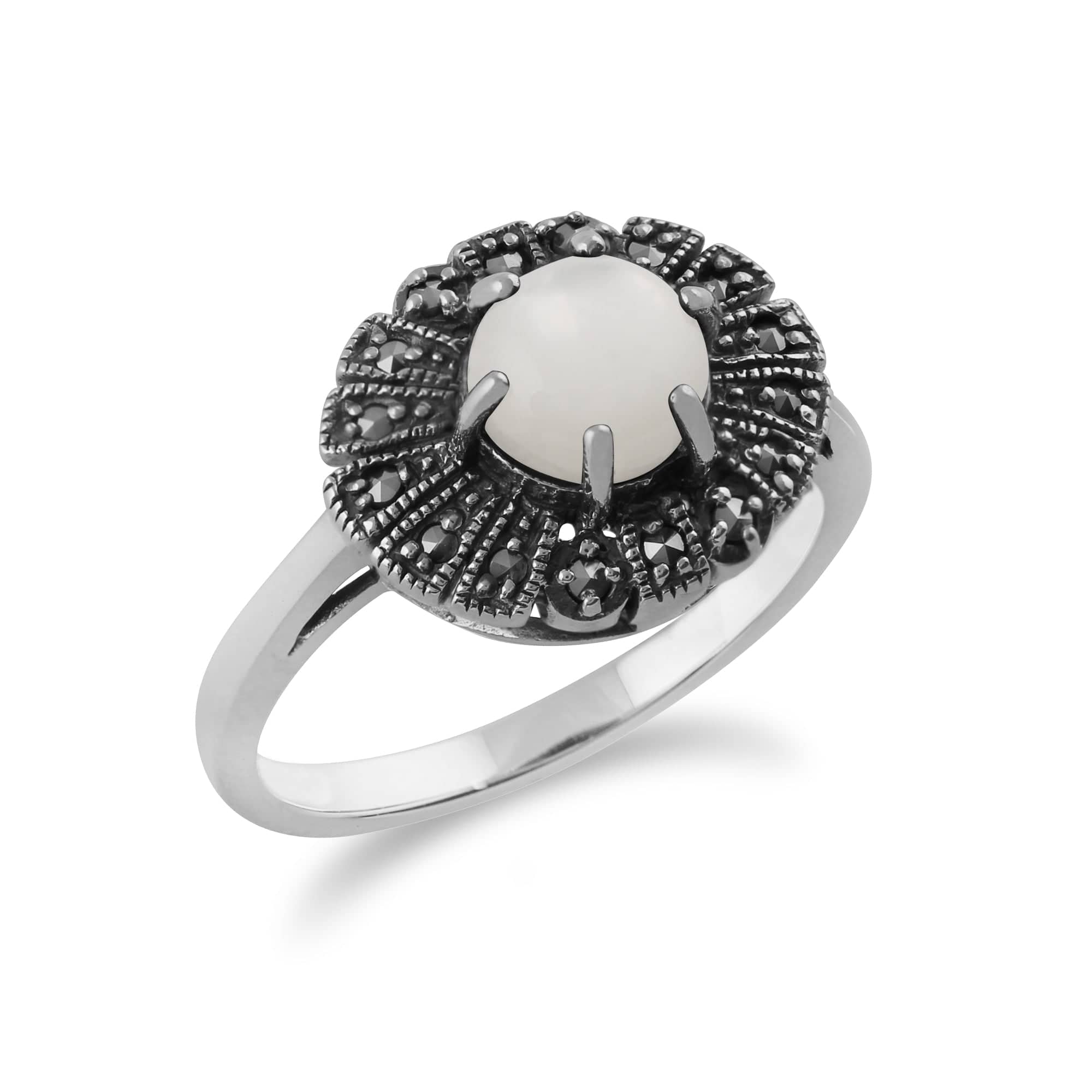 214R586903925 Gemondo 925 Sterling Silver 0.85ct Mother of Pearl & Marcasite Art Deco Ring 2