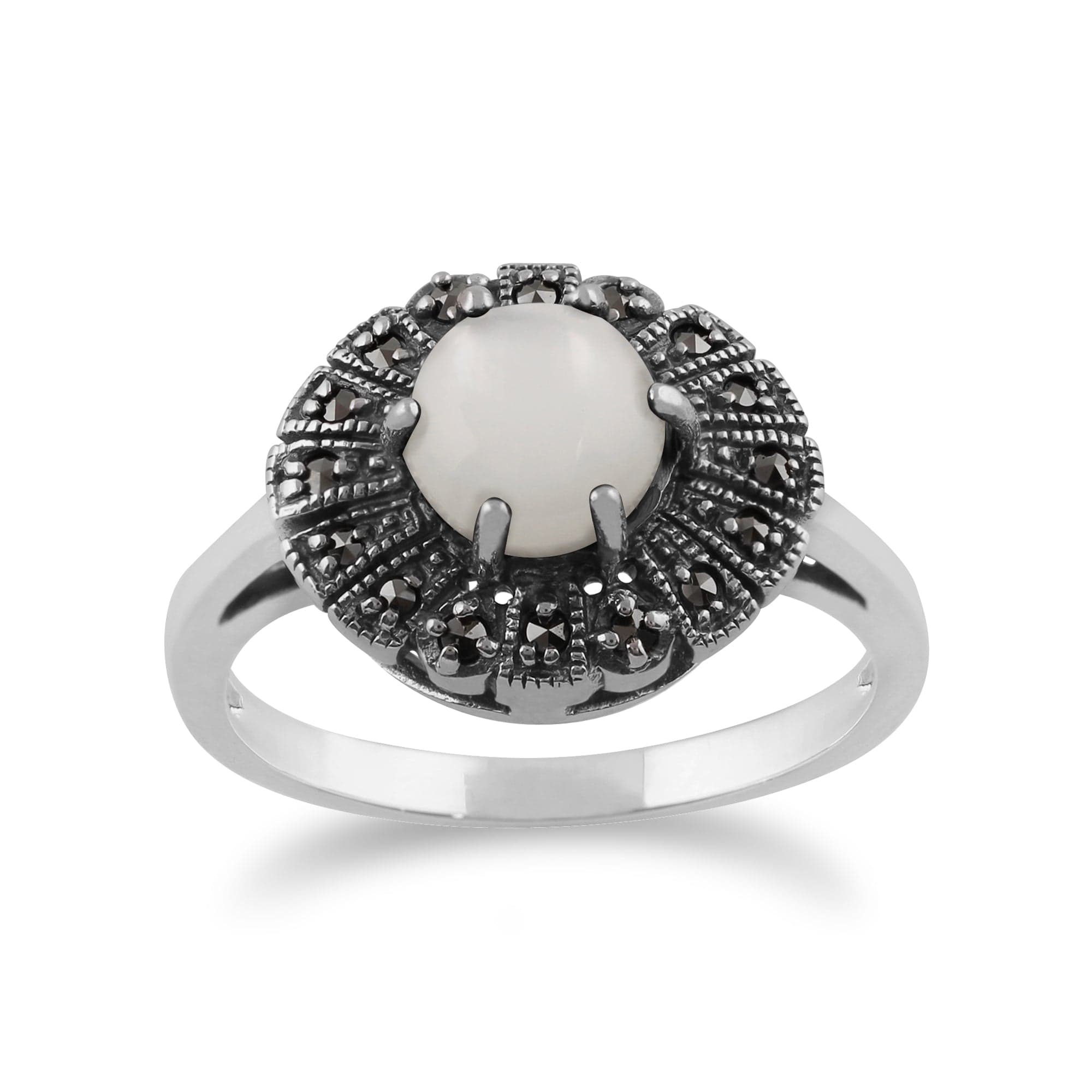 Gemondo 925 Sterling Silver 0.85ct Mother of Pearl & Marcasite Art Deco Ring Image 1