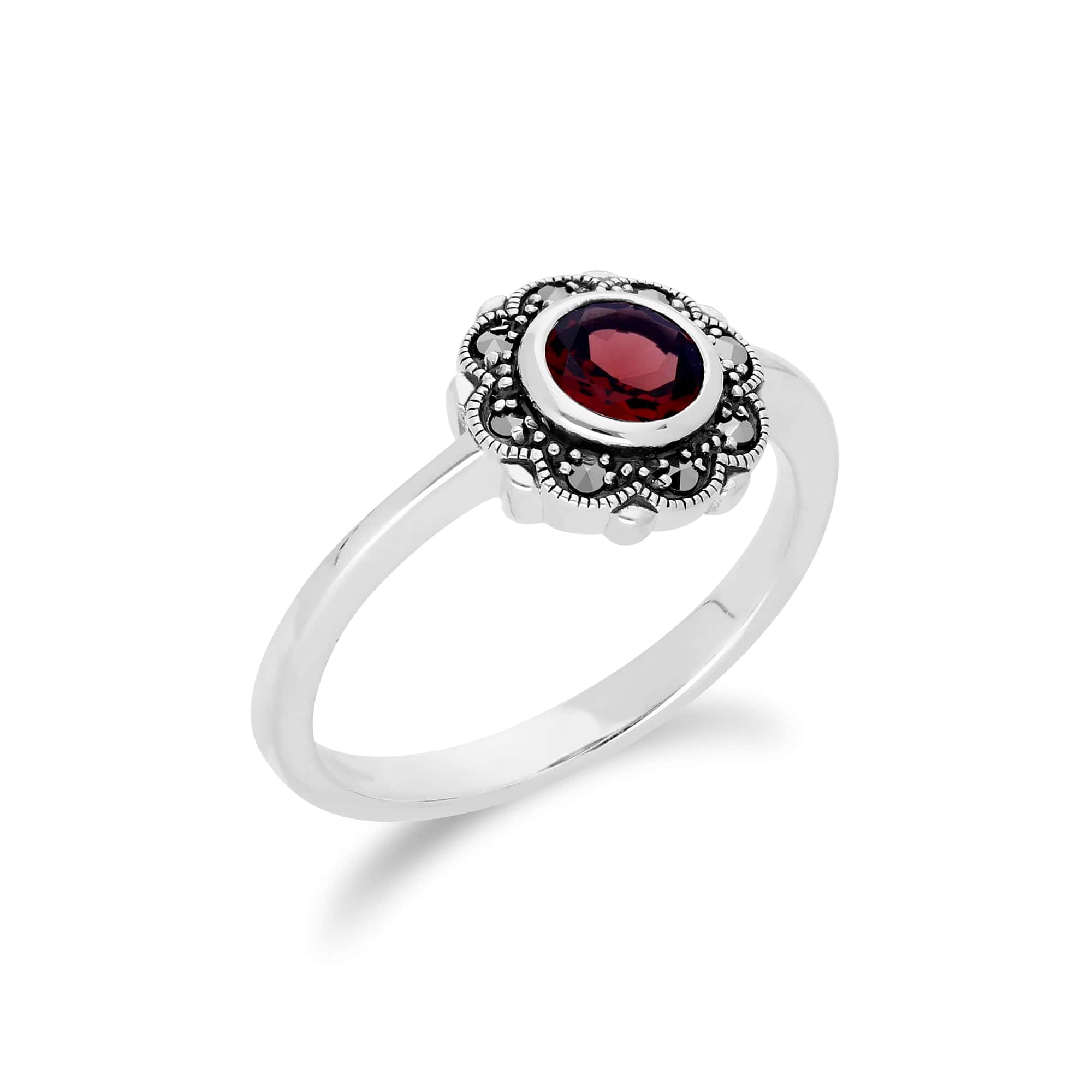 214R597001925 Floral Round Garnet & Marcasite Halo Ring in 925 Sterling Silver 2