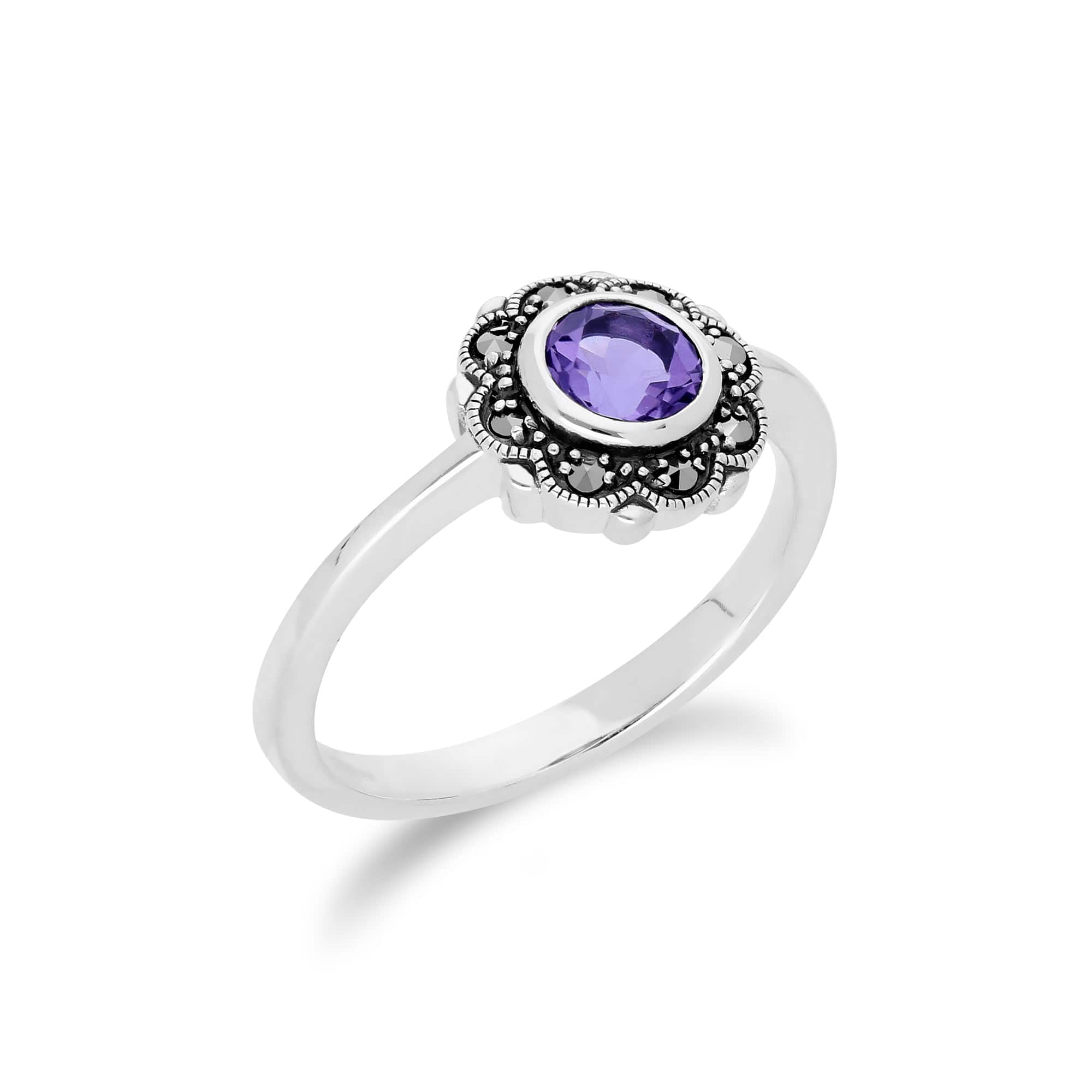 214R597002925 Floral Round Amethyst & Marcasite Halo Ring in 925 Sterling Silver 2