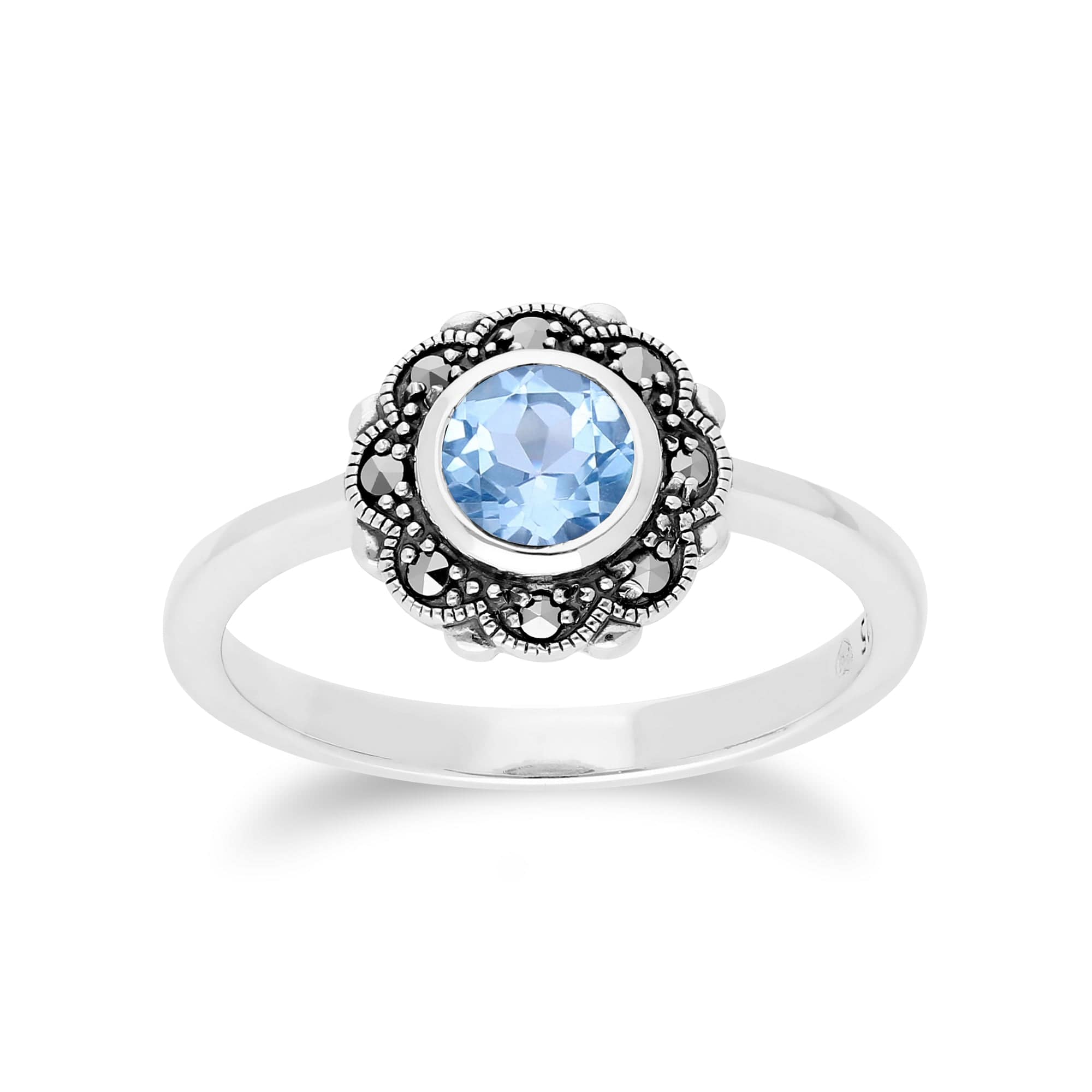 214R597003925 Floral Round Blue Topaz & Marcasite Halo Ring in 925 Sterling Silver 1