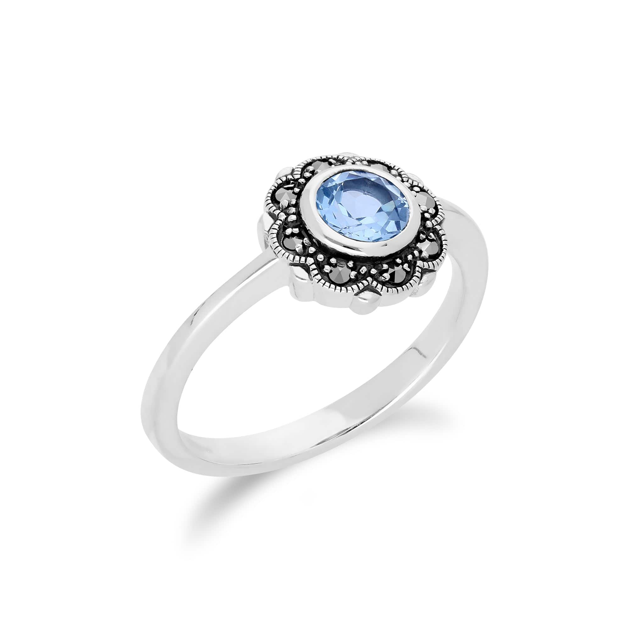 214R597003925 Floral Round Blue Topaz & Marcasite Halo Ring in 925 Sterling Silver 2