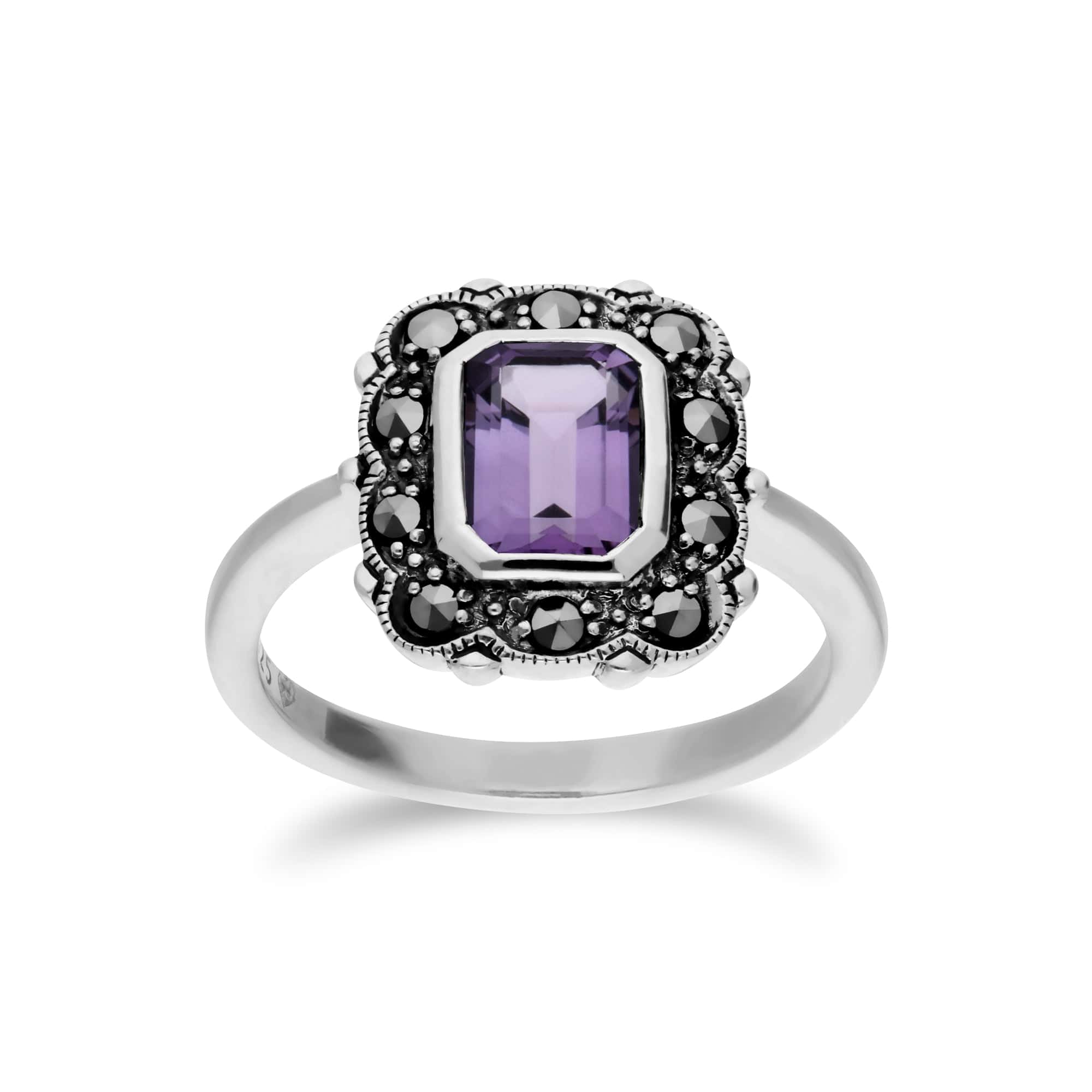 214R597102925 Art Nouveau Style Octagon Amethyst & Marcasite Border Ring in 925 Sterling Silver 1