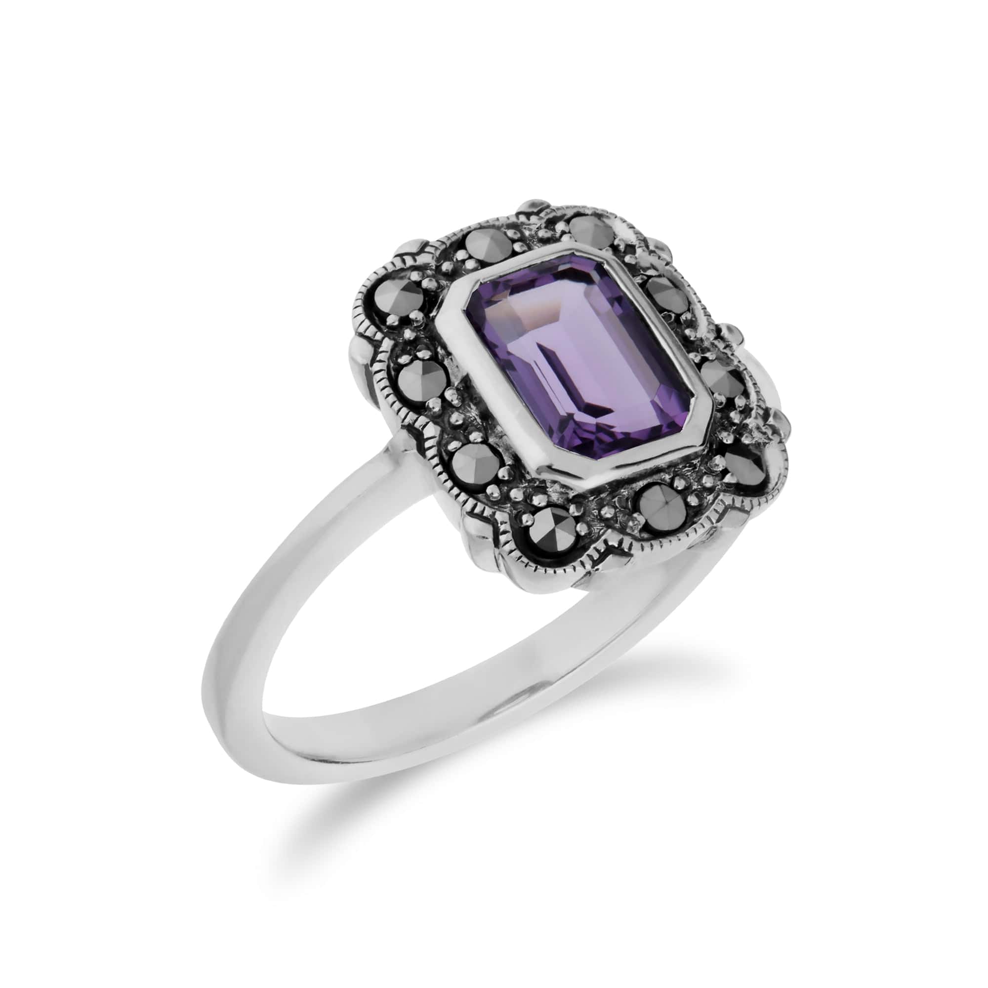 214R597102925 Art Nouveau Style Octagon Amethyst & Marcasite Border Ring in 925 Sterling Silver 2