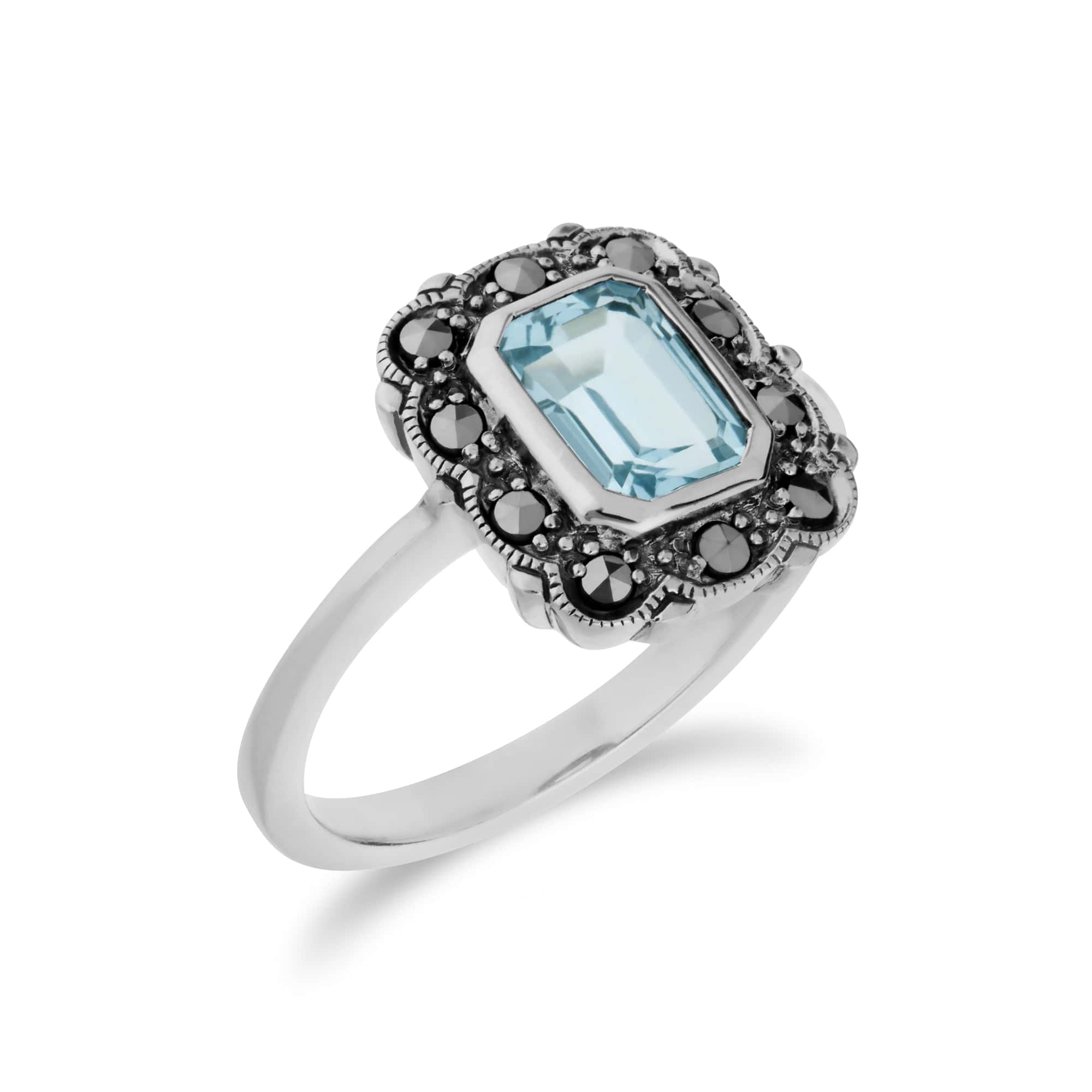 214R597103925 Art Nouveau Style Octagon Blue Topaz & Marcasite Border Ring in 925 Sterling Silver 2