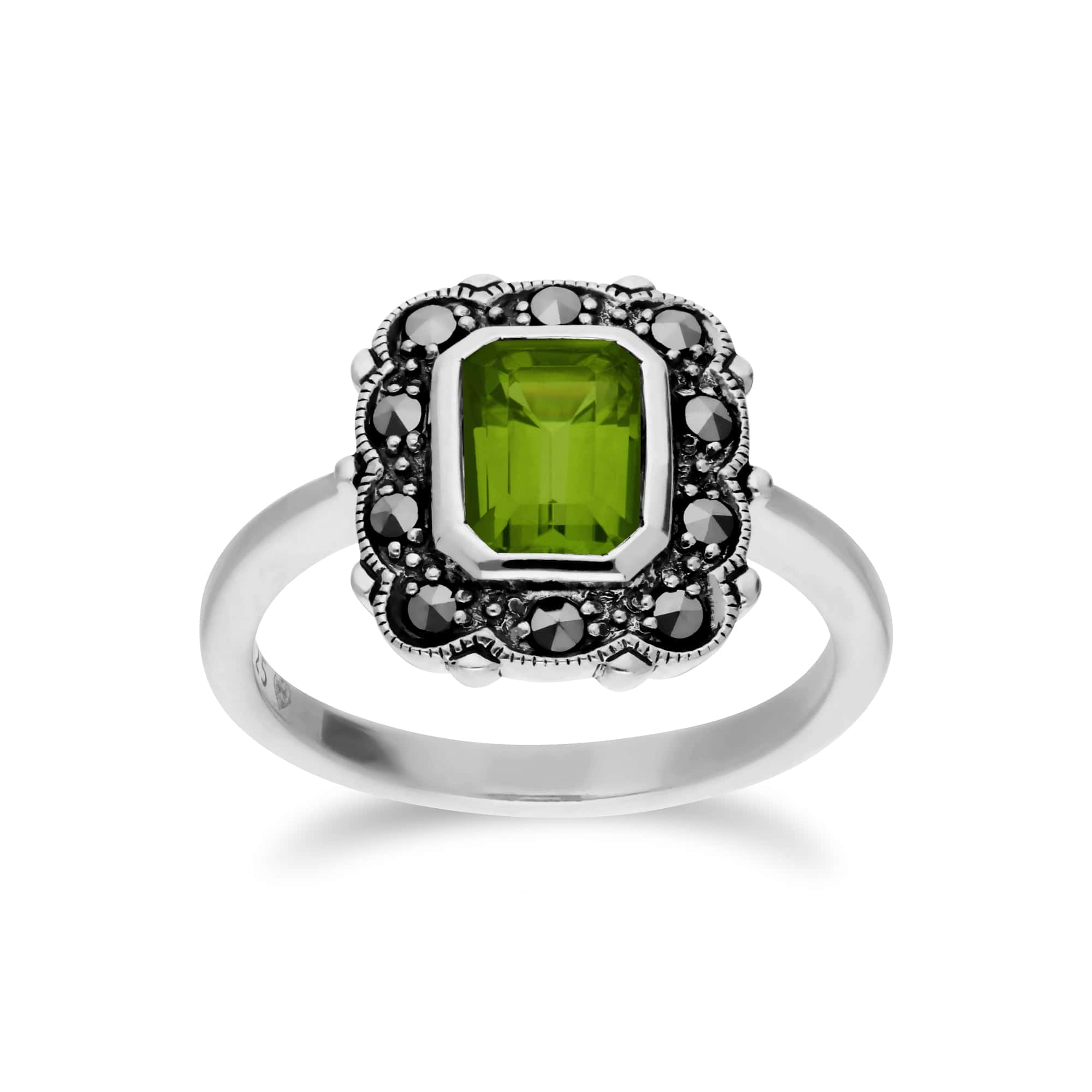 214R597106925 Art Nouveau Style Octagon Peridot & Marcasite Border Ring in 925 Sterling Silver 1