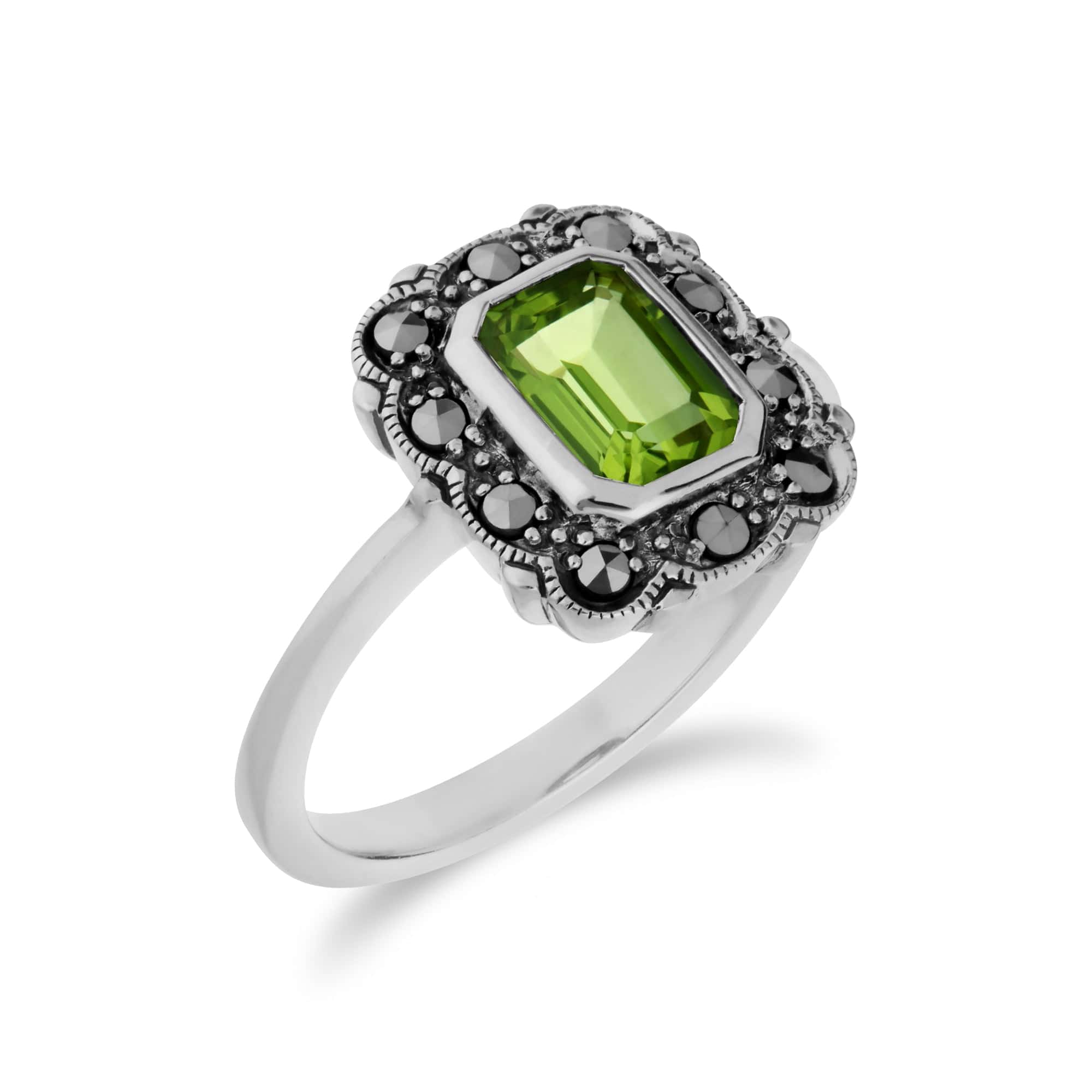 214R597106925 Art Nouveau Style Octagon Peridot & Marcasite Border Ring in 925 Sterling Silver 2