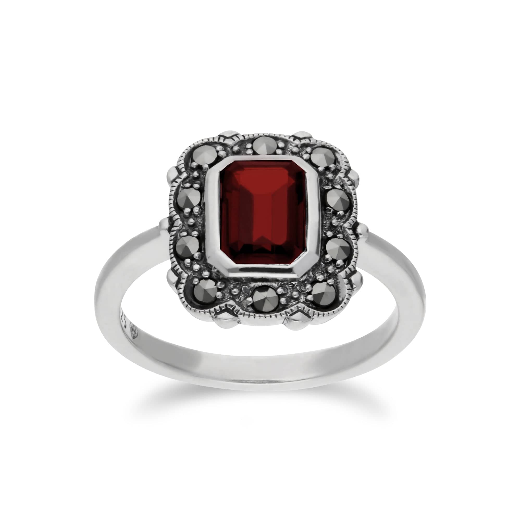 214R597107925 Art Nouveau Style Octagon Garnet & Marcasite Border Ring in 925 Sterling Silver 1