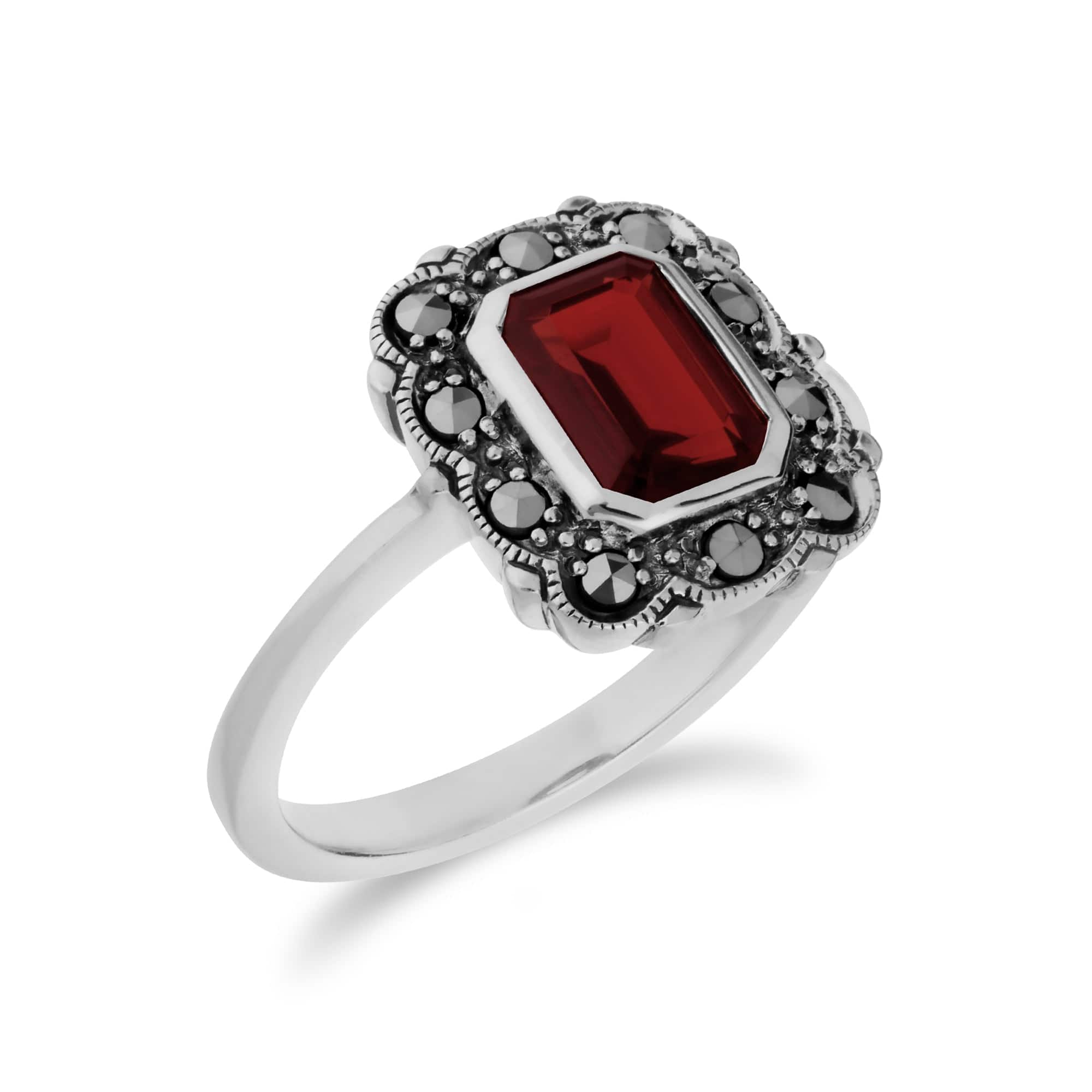 214R597107925 Art Nouveau Style Octagon Garnet & Marcasite Border Ring in 925 Sterling Silver 2