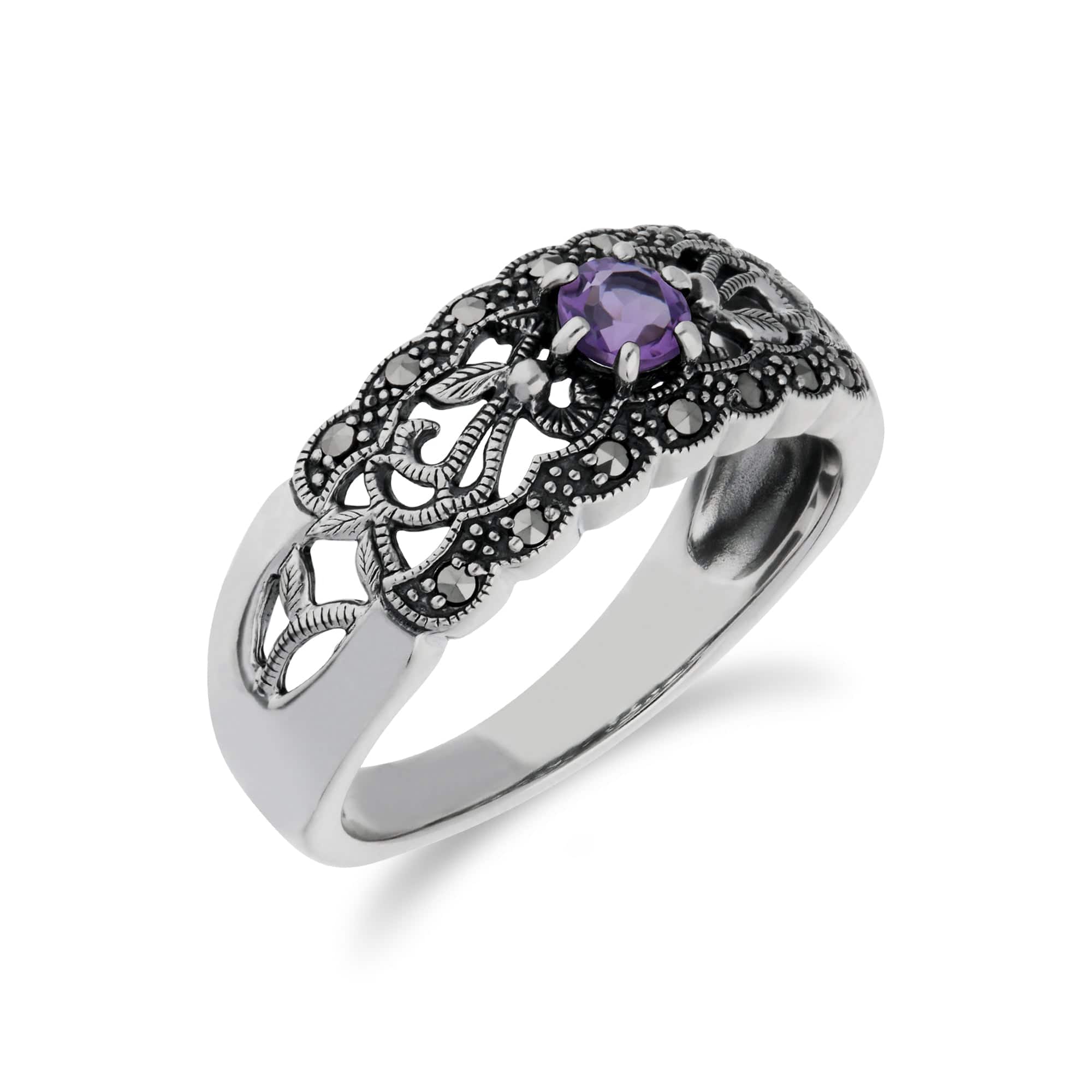 214R597701925 Art Nouveau Style Round Amethyst & Marcasite Floral Band Ring in 925 Sterling Silver 2