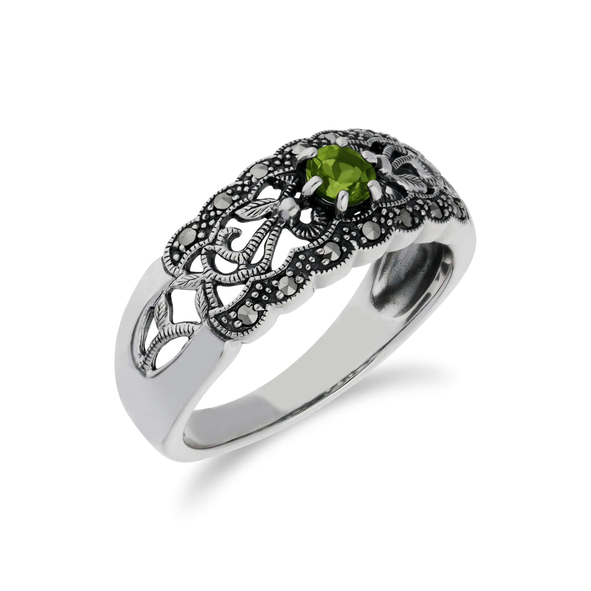 Art Nouveau Style Round Peridot & Marcasite Floral Band Ring in 925 Sterling Silver - Gemondo
