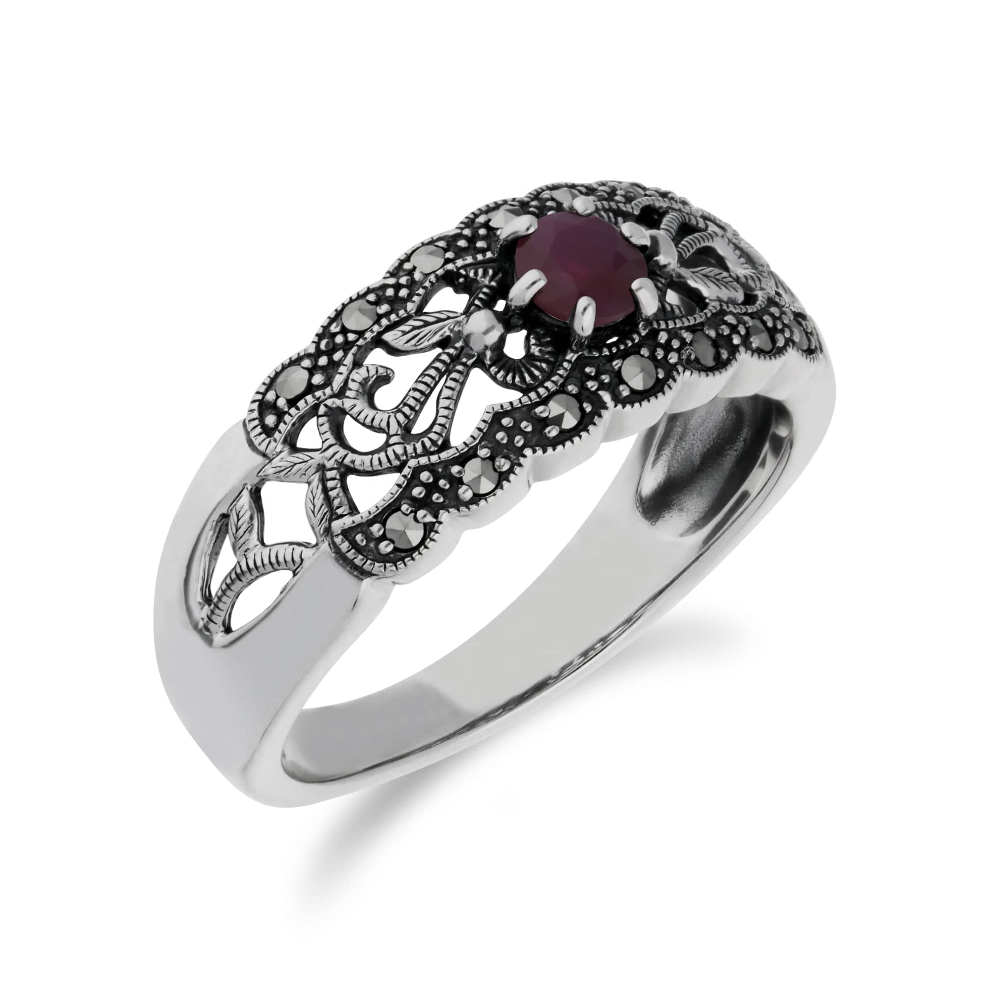 214R597705925 Art Nouveau Style Round Ruby & Marcasite Floral Band Ring in Sterling Silver 3