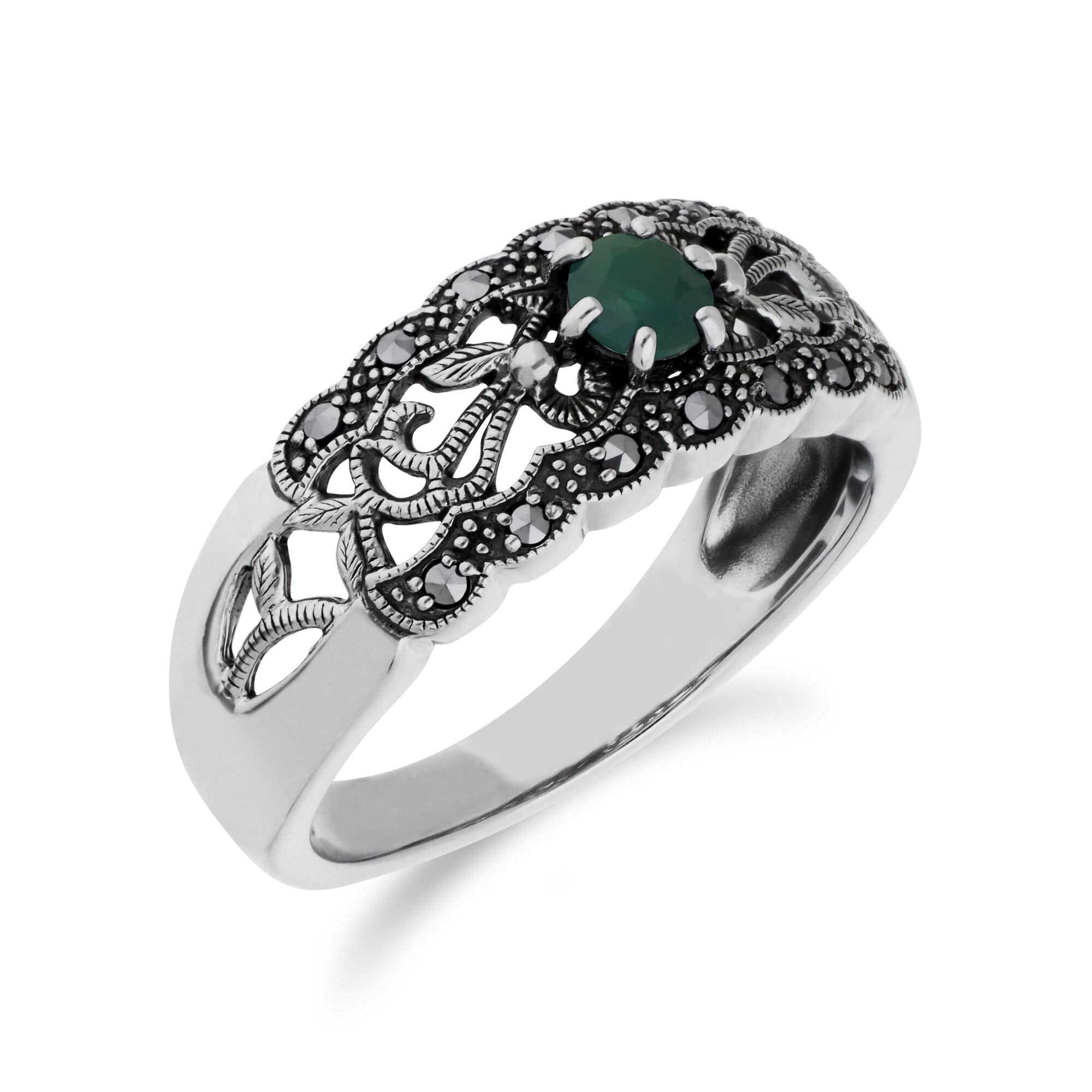 214R597706925 Art Nouveau Style Round Emerald & Marcasite Floral Band Ring in Sterling Silver 3