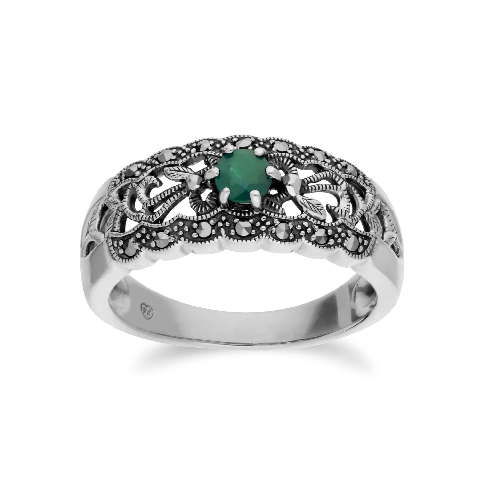 214R597706925 Art Nouveau Style Round Emerald & Marcasite Floral Band Ring in Sterling Silver 1