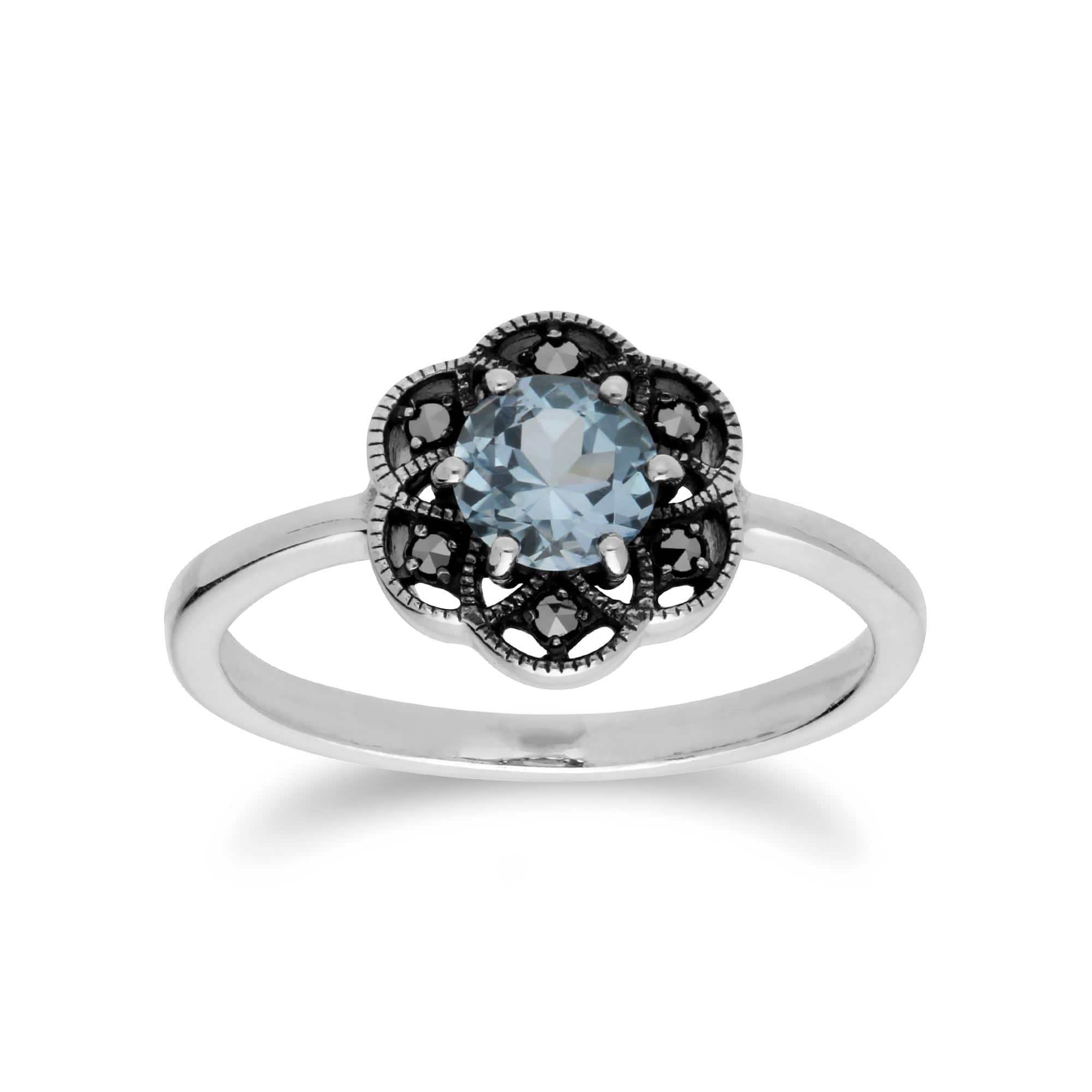 214R599401925 Floral Round Blue Topaz & Marcasite Daisy Ring in 925 Sterling Silver 1