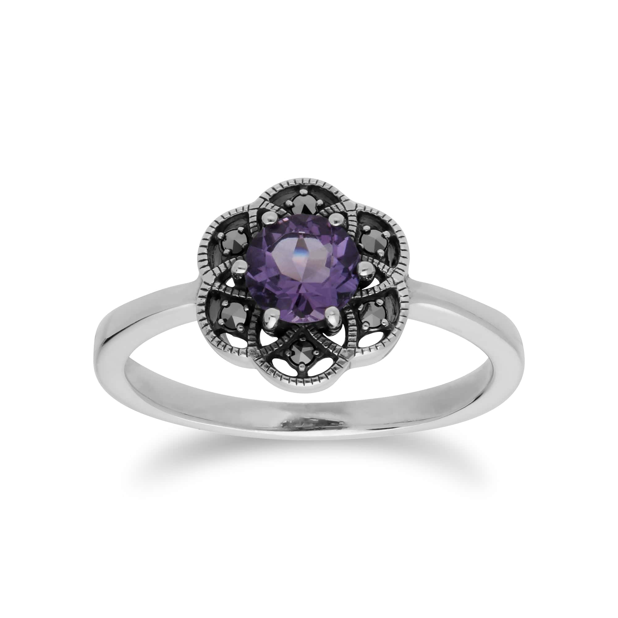 214R599402925 Floral Round Amethyst & Marcasite Silver  Daisy Ring 1