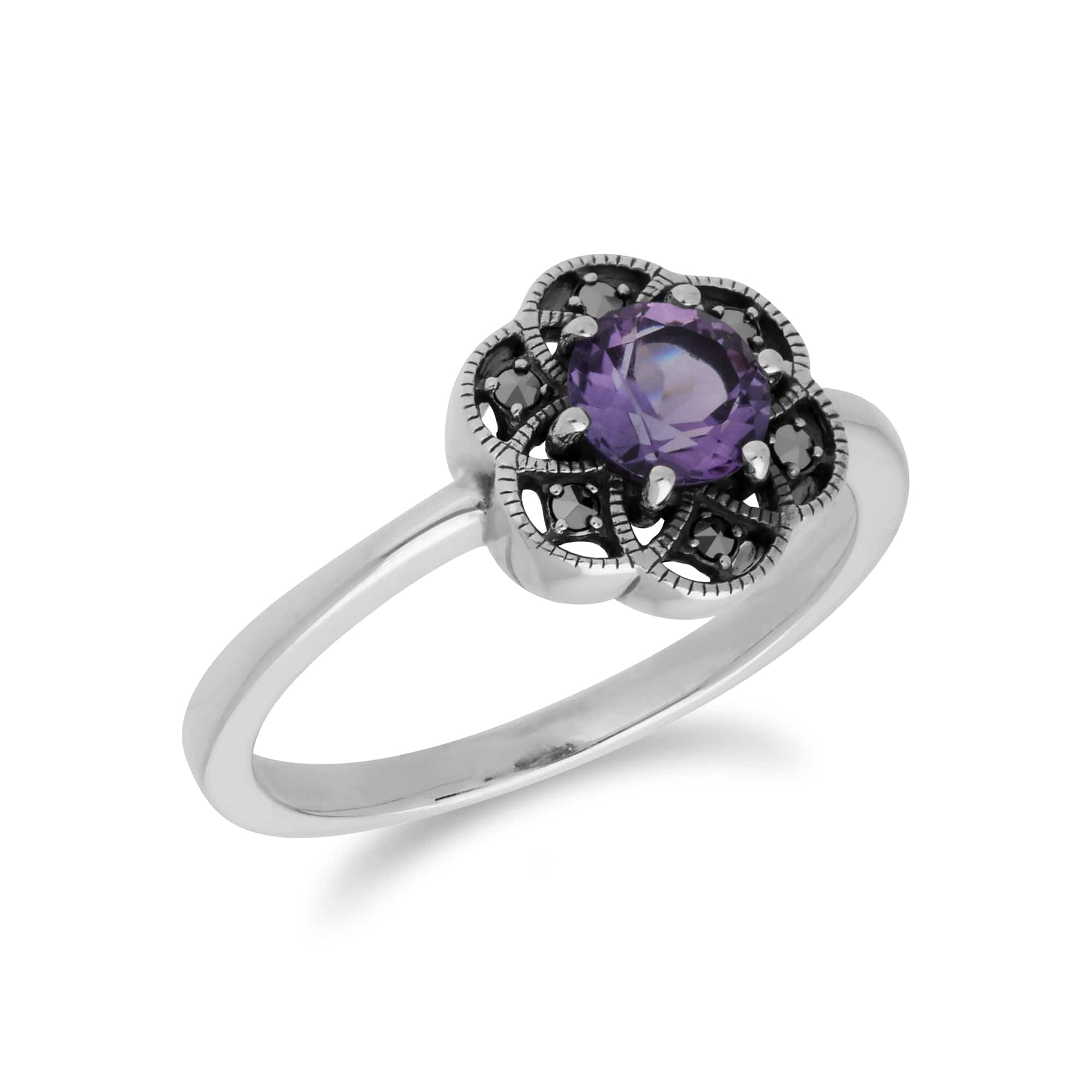 214R599402925 Floral Round Amethyst & Marcasite Silver  Daisy Ring 2