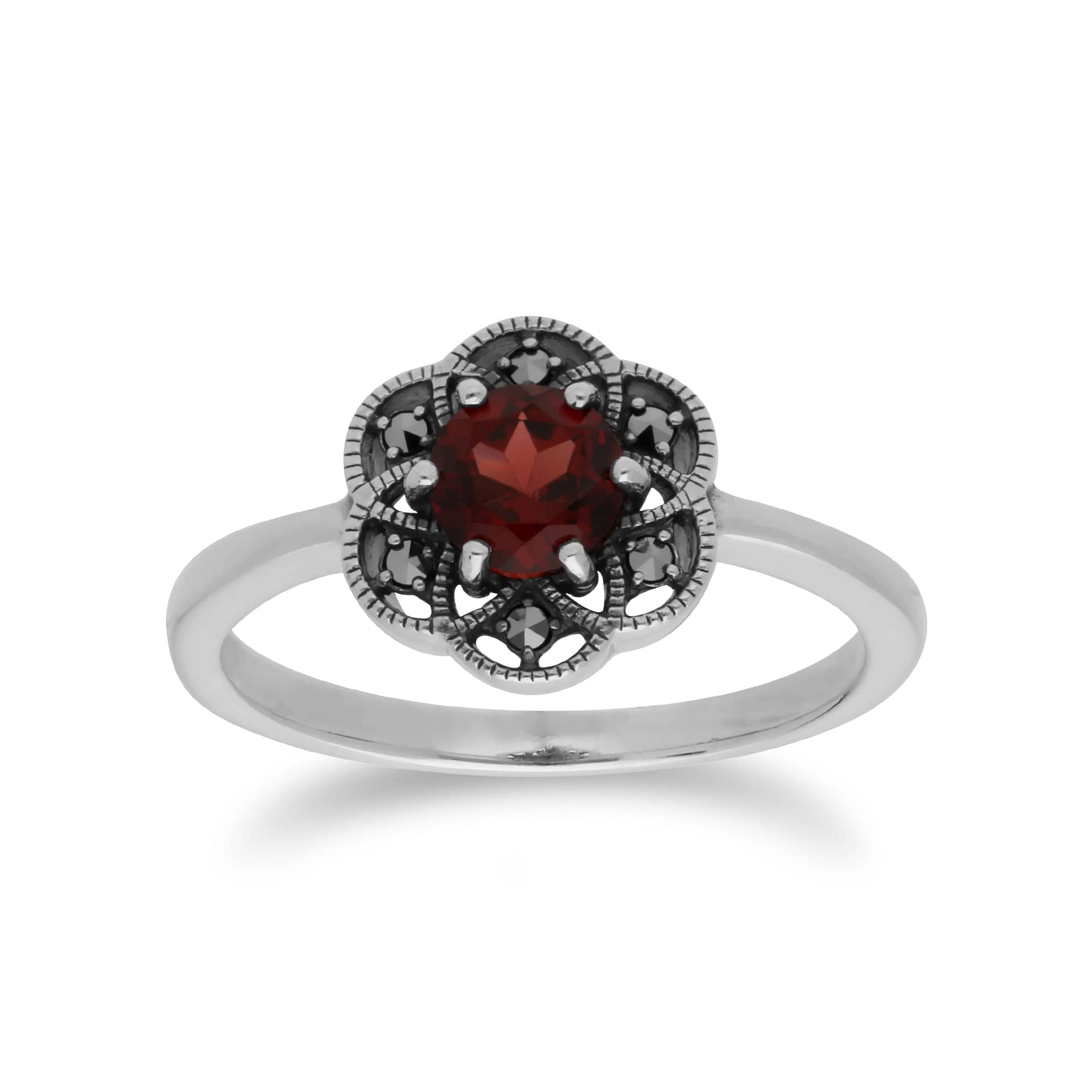 214R599403925 Floral Round Garnet & Marcasite Daisy Ring in 925 Sterling Silver 1