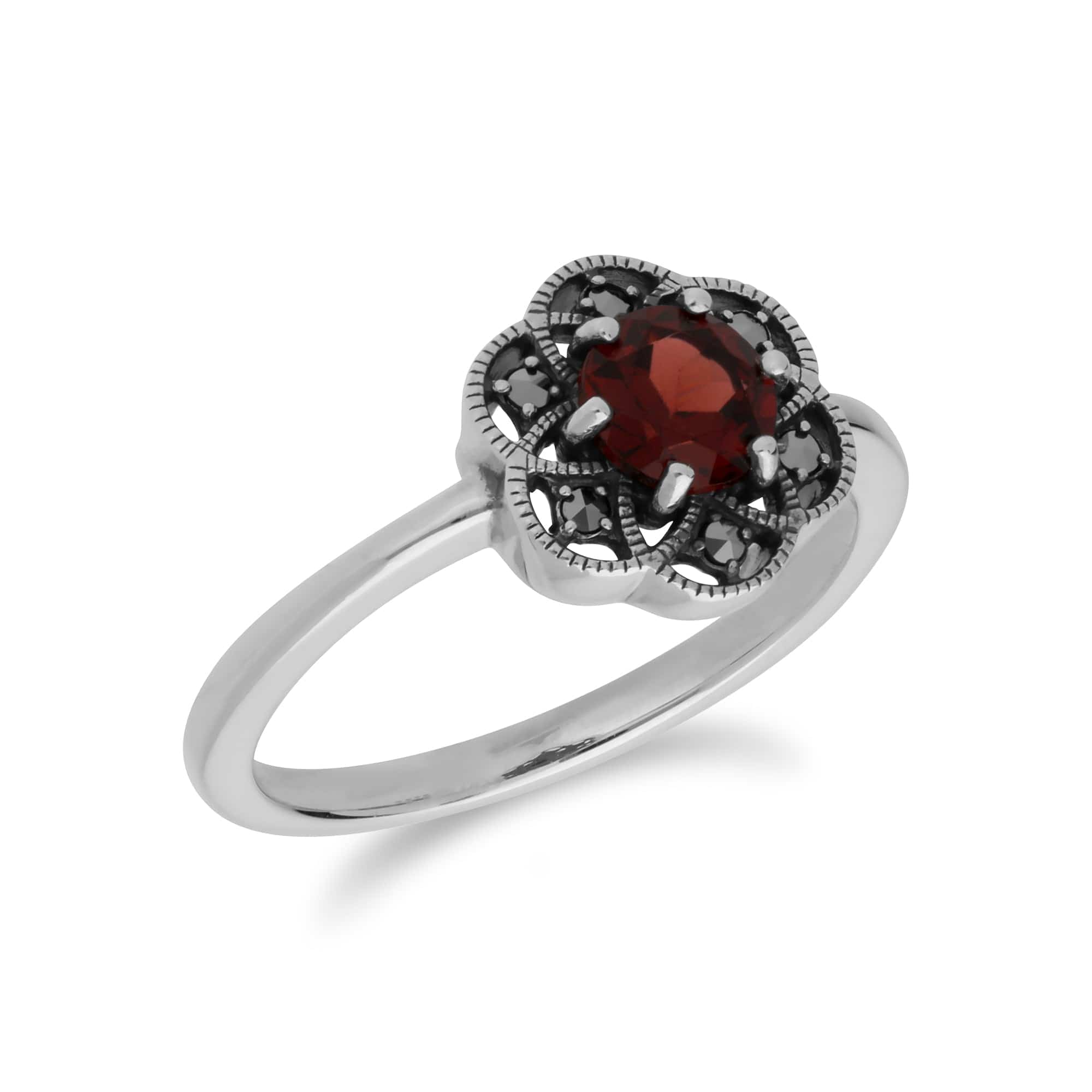 214R599403925 Floral Round Garnet & Marcasite Daisy Ring in 925 Sterling Silver 2