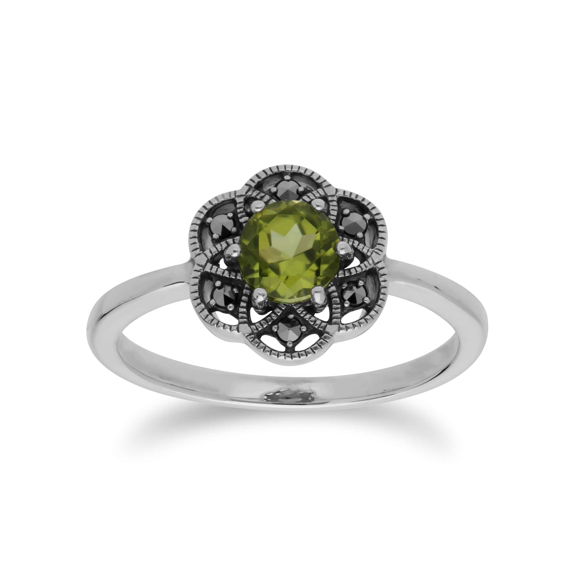 214R599404925 Floral Round Peridot & Marcasite Daisy Ring in 925 Sterling Silver 1