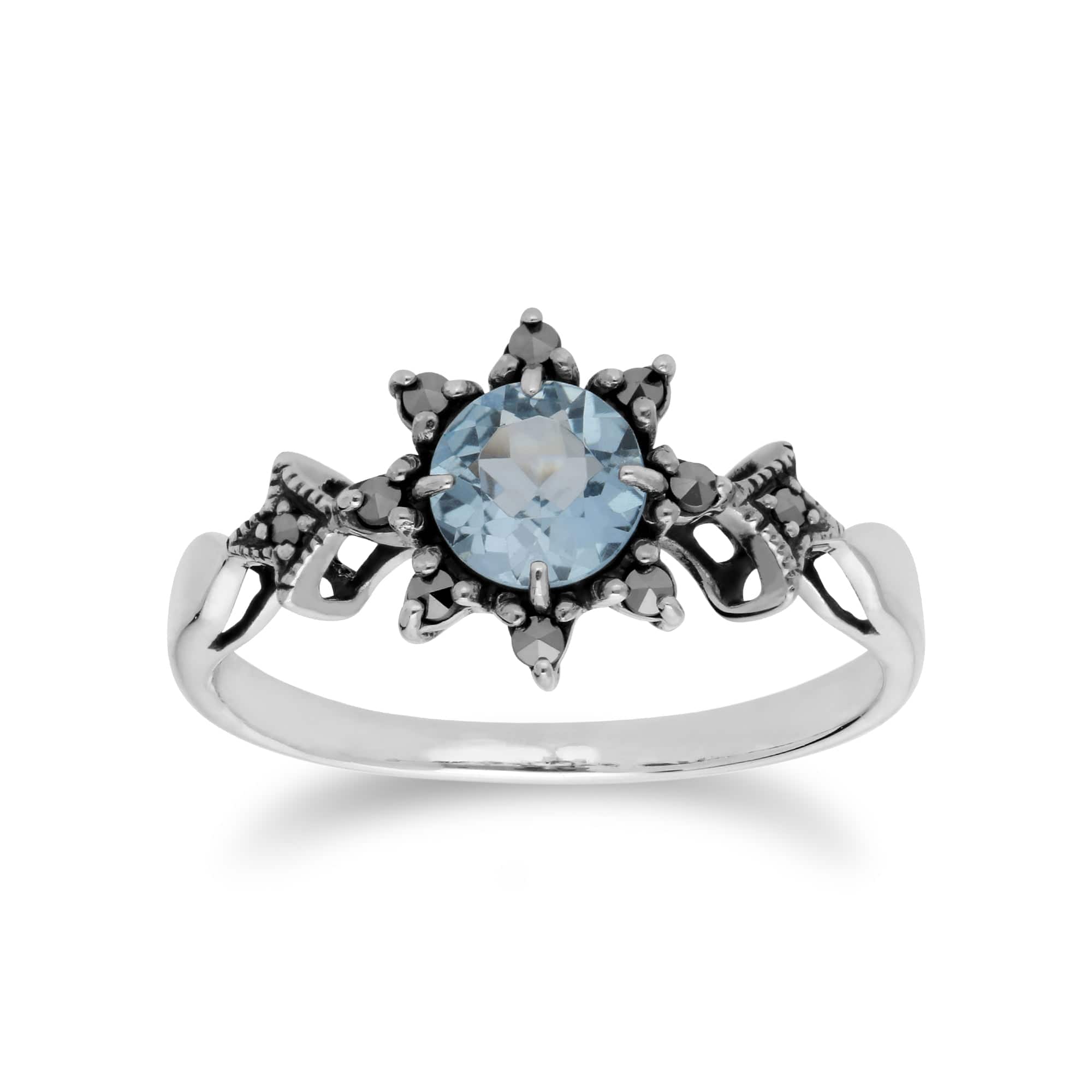 214R599501925 Art Deco Style Round Blue Topaz & Marcasite Floral Ring in 925 Sterling Silver 1