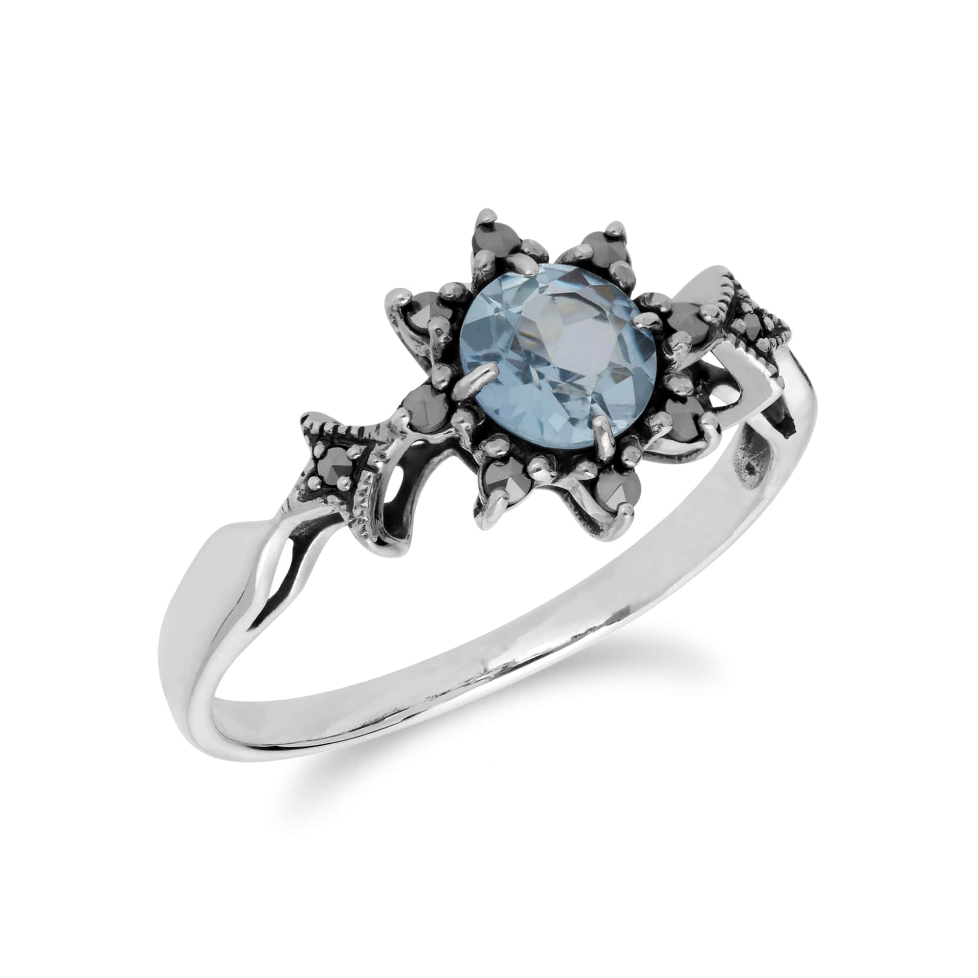 214R599501925 Art Deco Style Round Blue Topaz & Marcasite Floral Ring in 925 Sterling Silver 2