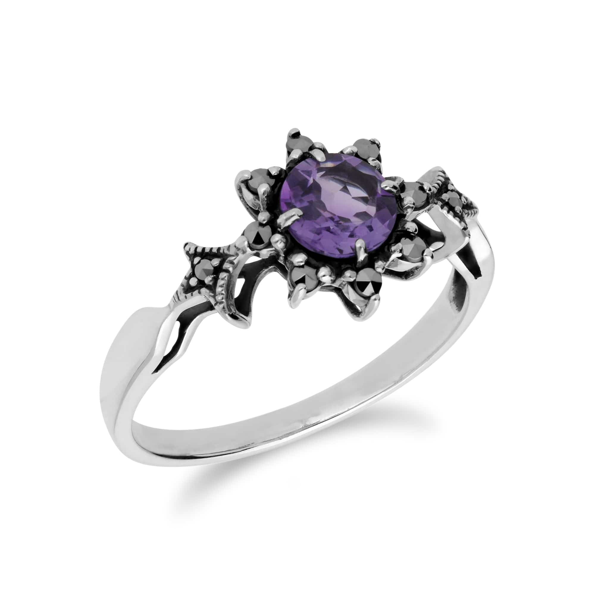 214R599502925 Art Nouveau Style Round Amethyst & Marcasite Floral Ring in 925 Sterling Silver 2