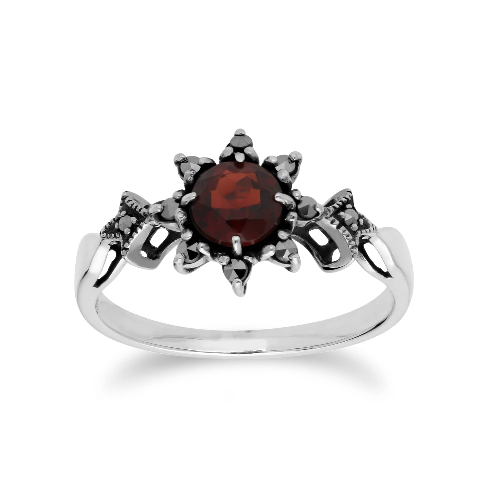 214R599503925 Art Deco Style Round Garnet & Marcasite Floral Ring in 925 Sterling Silver 1