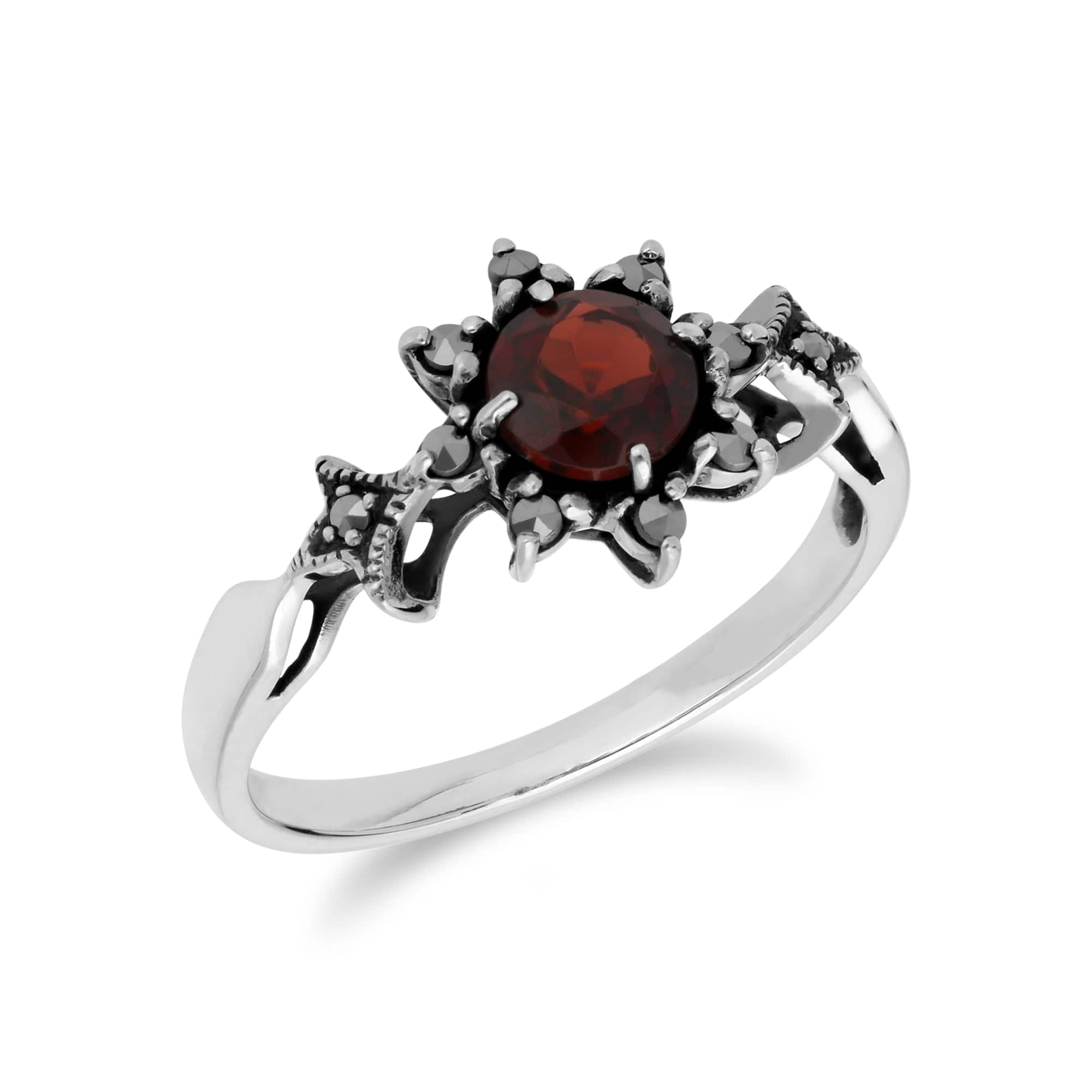 214R599503925 Art Deco Style Round Garnet & Marcasite Floral Ring in 925 Sterling Silver 2