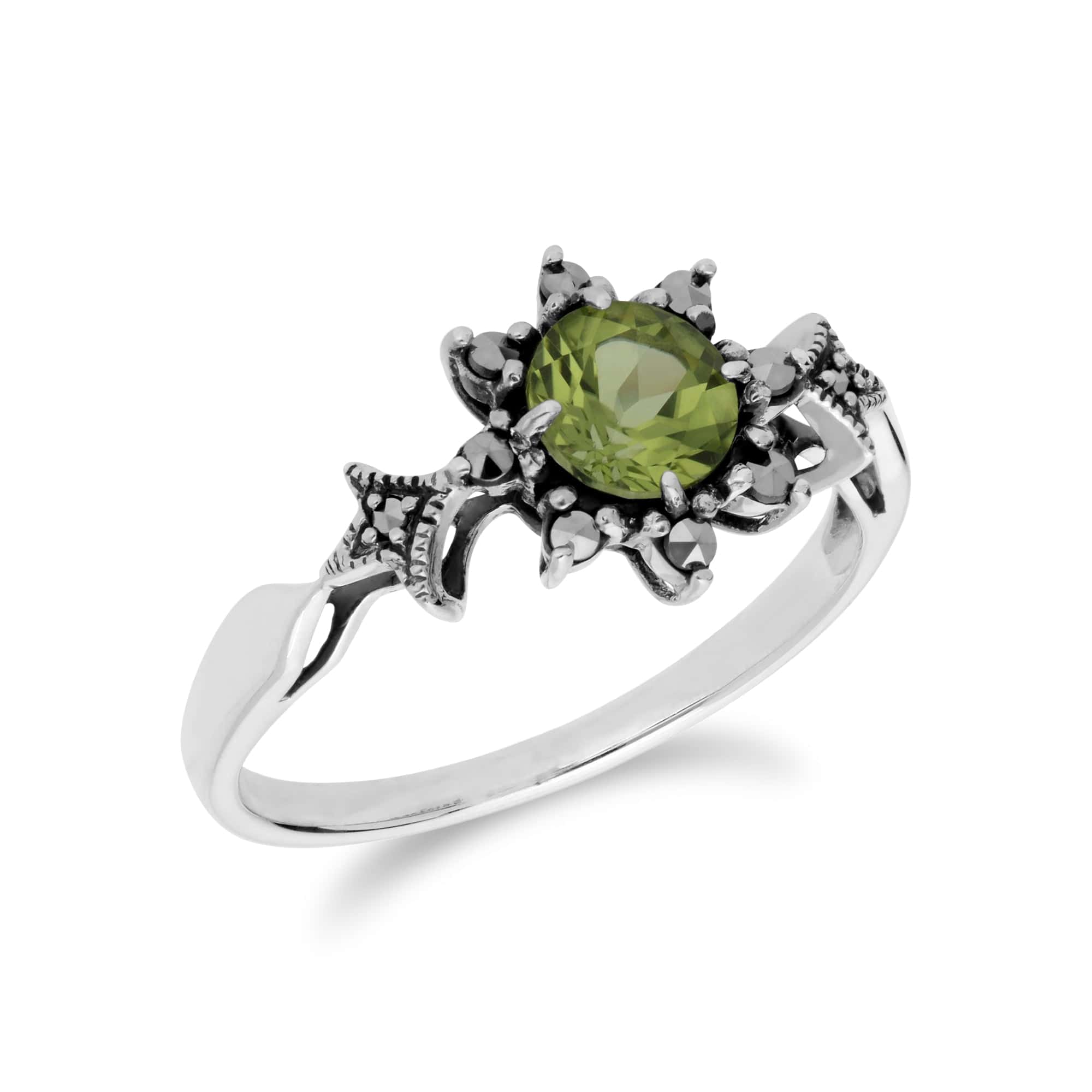 Art Deco Style Round Peridot & Marcasite Floral Ring in 925 Sterling Silver - Gemondo