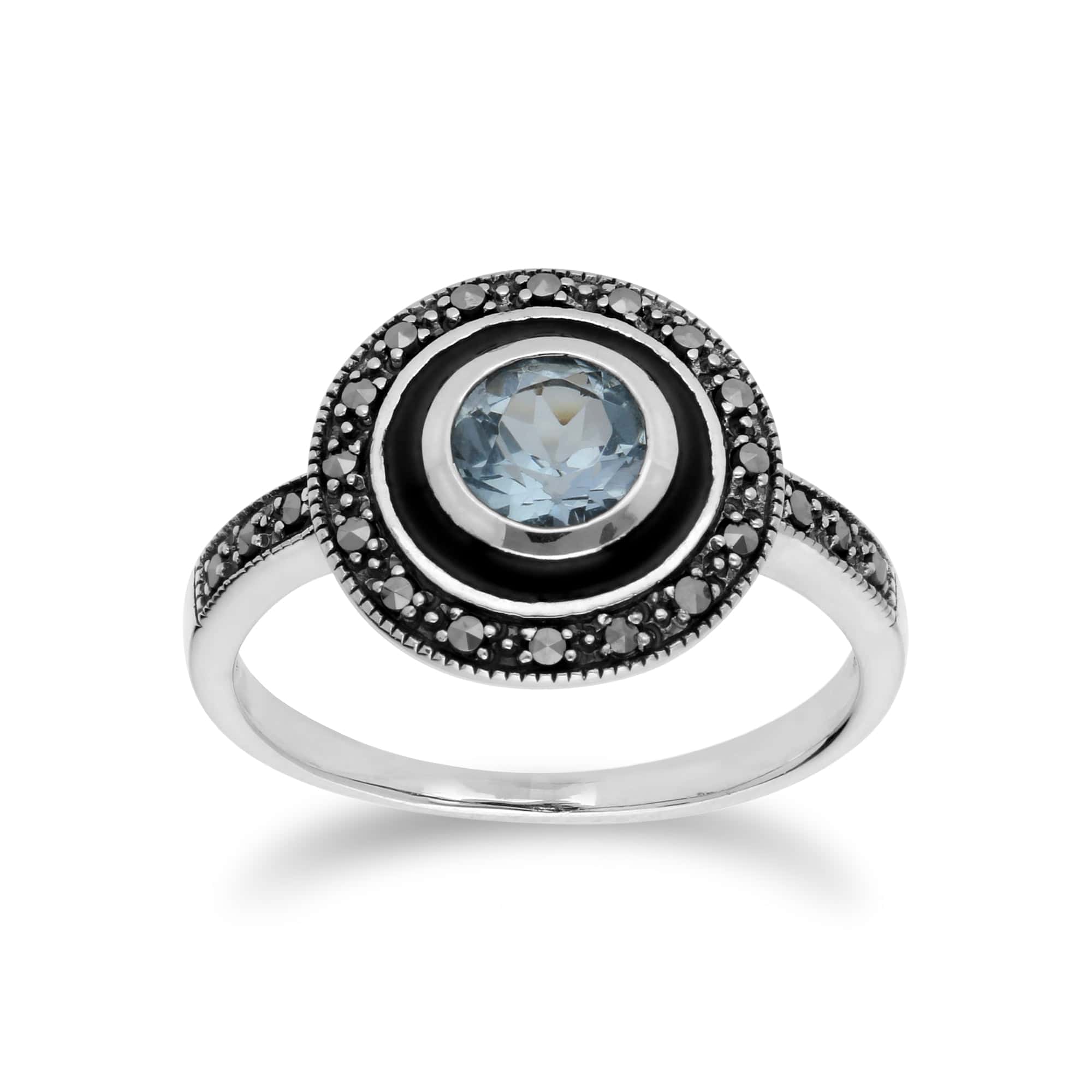 214R599601925 Art Deco Style Round Blue Topaz & Black Enamel Halo Ring in Sterling Silver 1