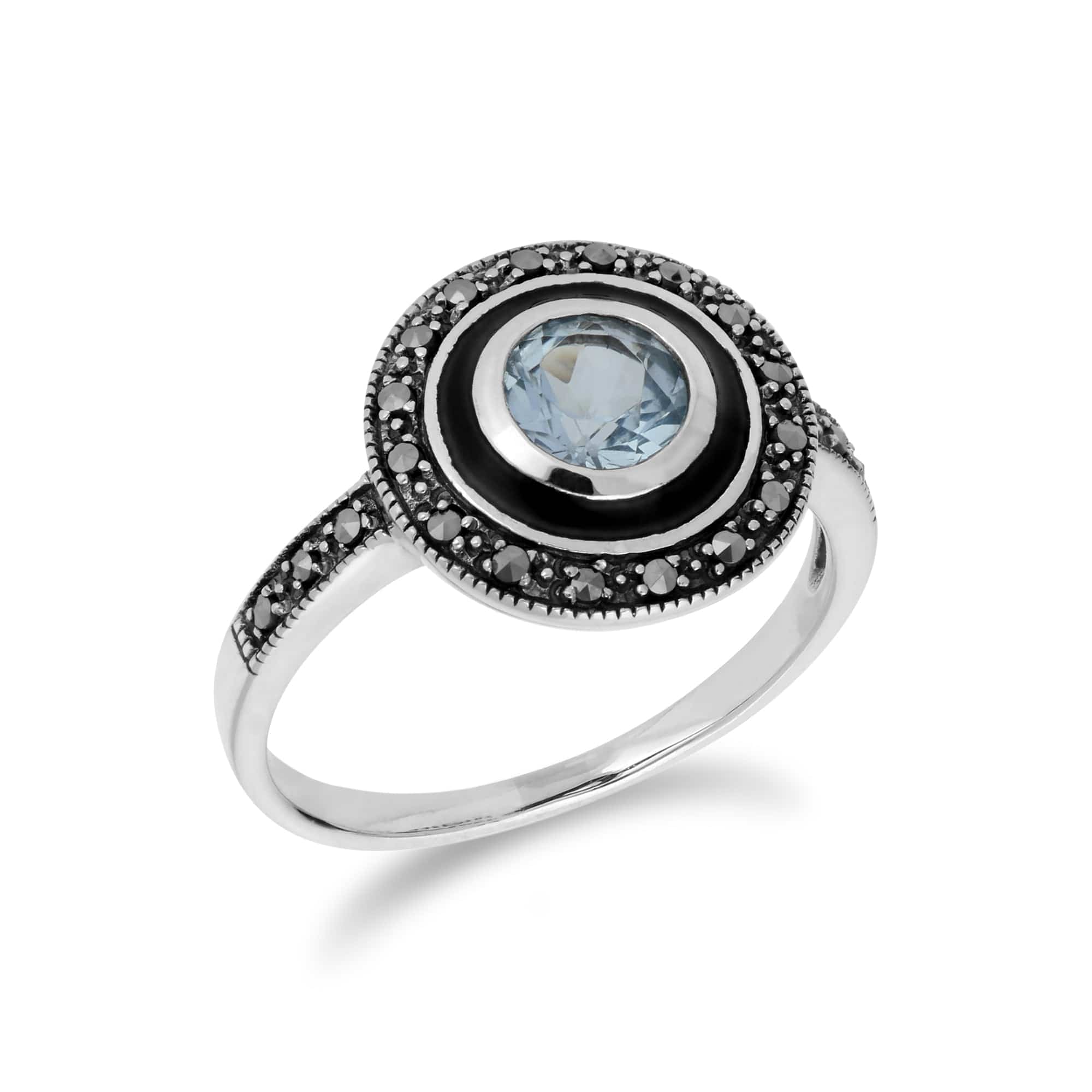 214R599601925 Art Deco Style Round Blue Topaz & Black Enamel Halo Ring in Sterling Silver 2