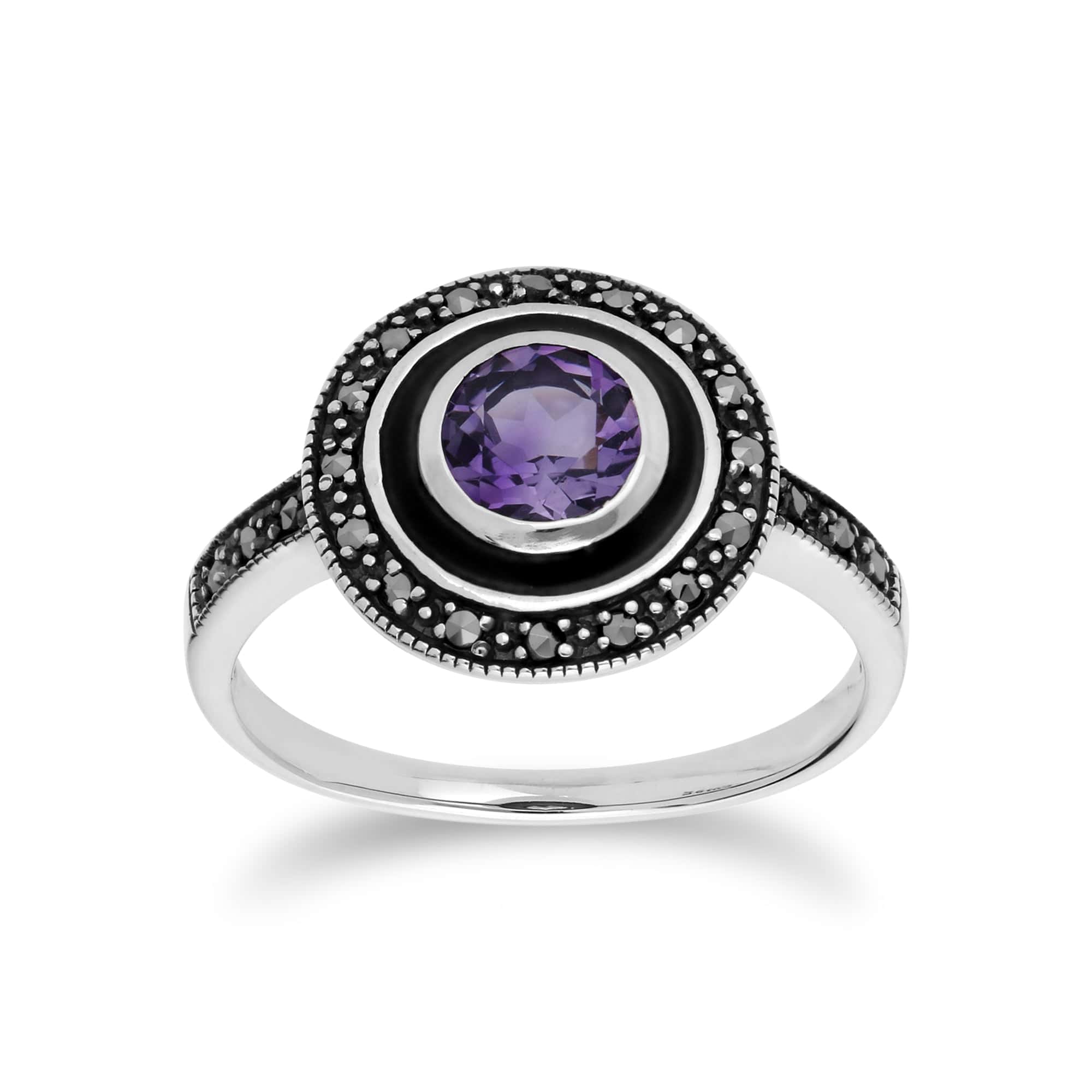 214R599602925 Art Deco Style Round Amethyst & Black Enamel Halo Ring in 925 Sterling Silver 1