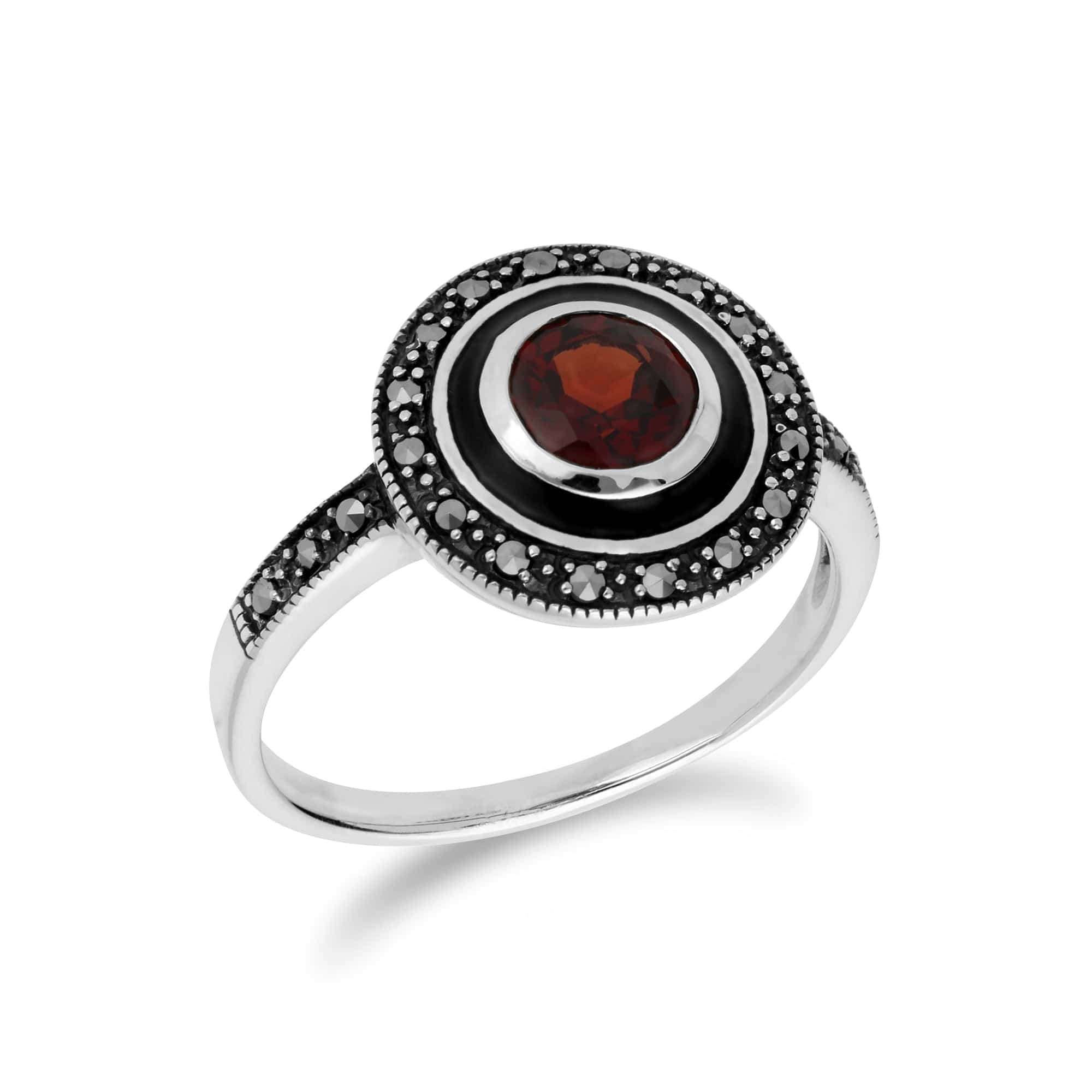 214R599603925 Art Deco Style Round Garnet & Black Enamel Halo Ring in 925 Sterling Silver 2