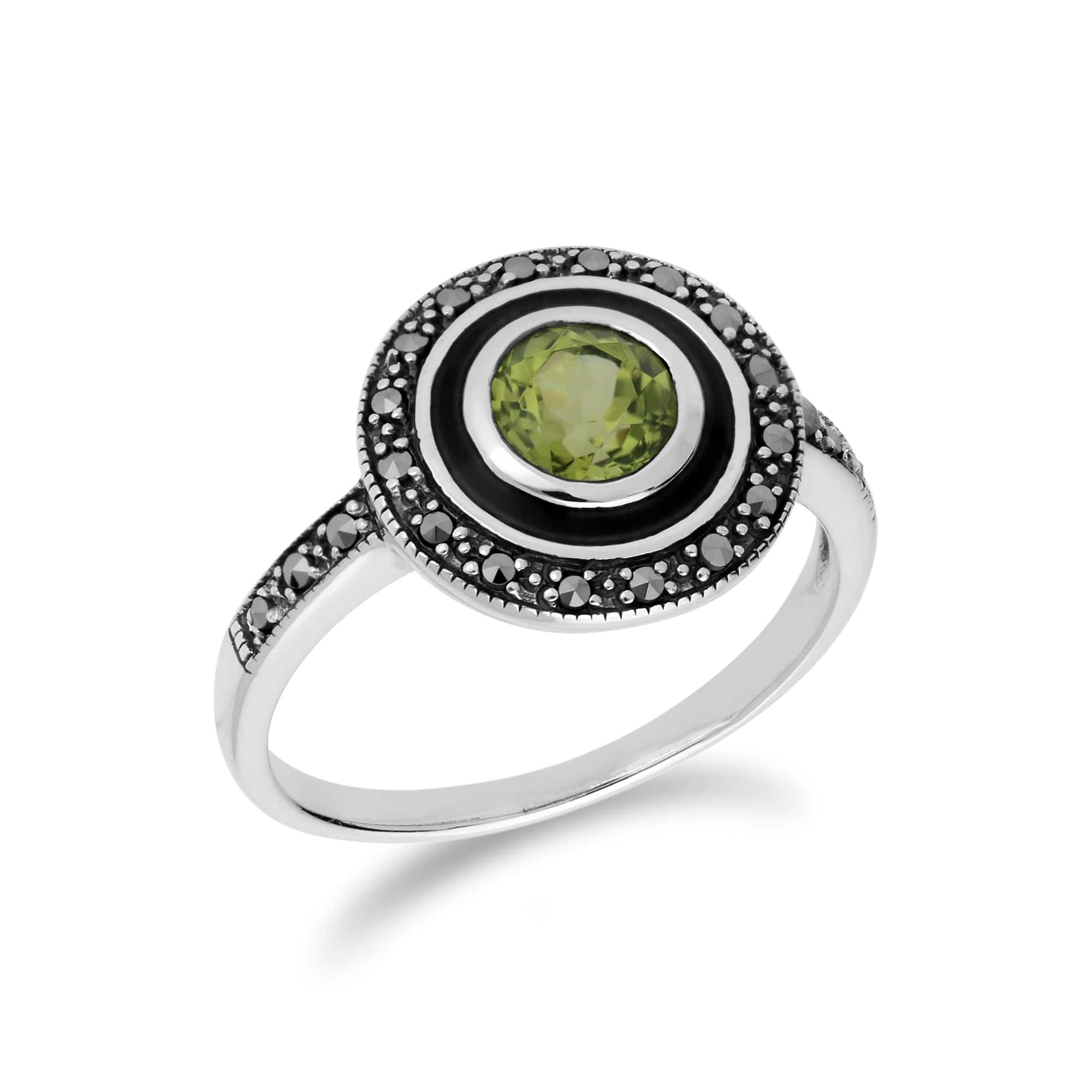 214R599604925 Art Deco Style Round Peridot & Black Enamel Halo Ring in 925 Sterling Silver 1
