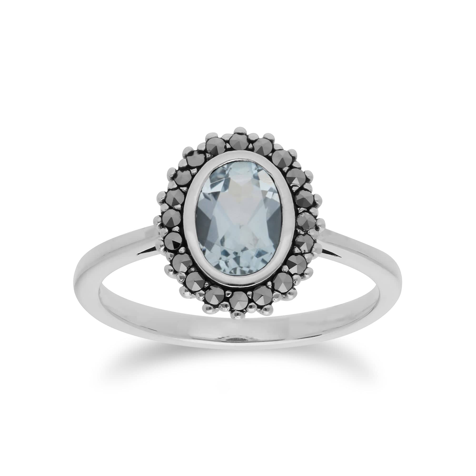 214R599701925 Art Deco Style Oval Blue Topaz & Marcasite Halo Ring in 925 Sterling Silver 1