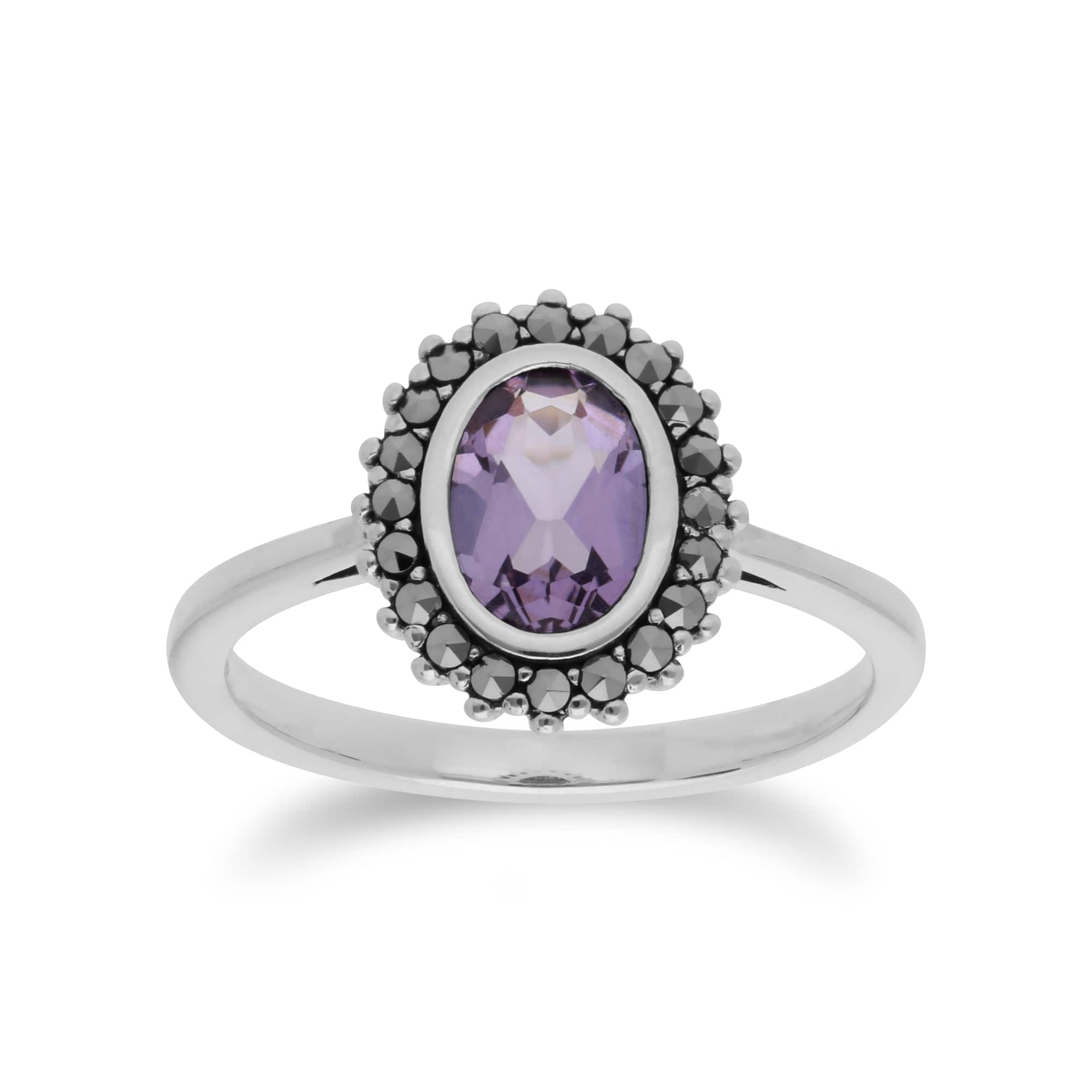 214R599702925 Art Deco Style Oval Amethyst & Marcasite Halo Ring in 925 Sterling Silver 1