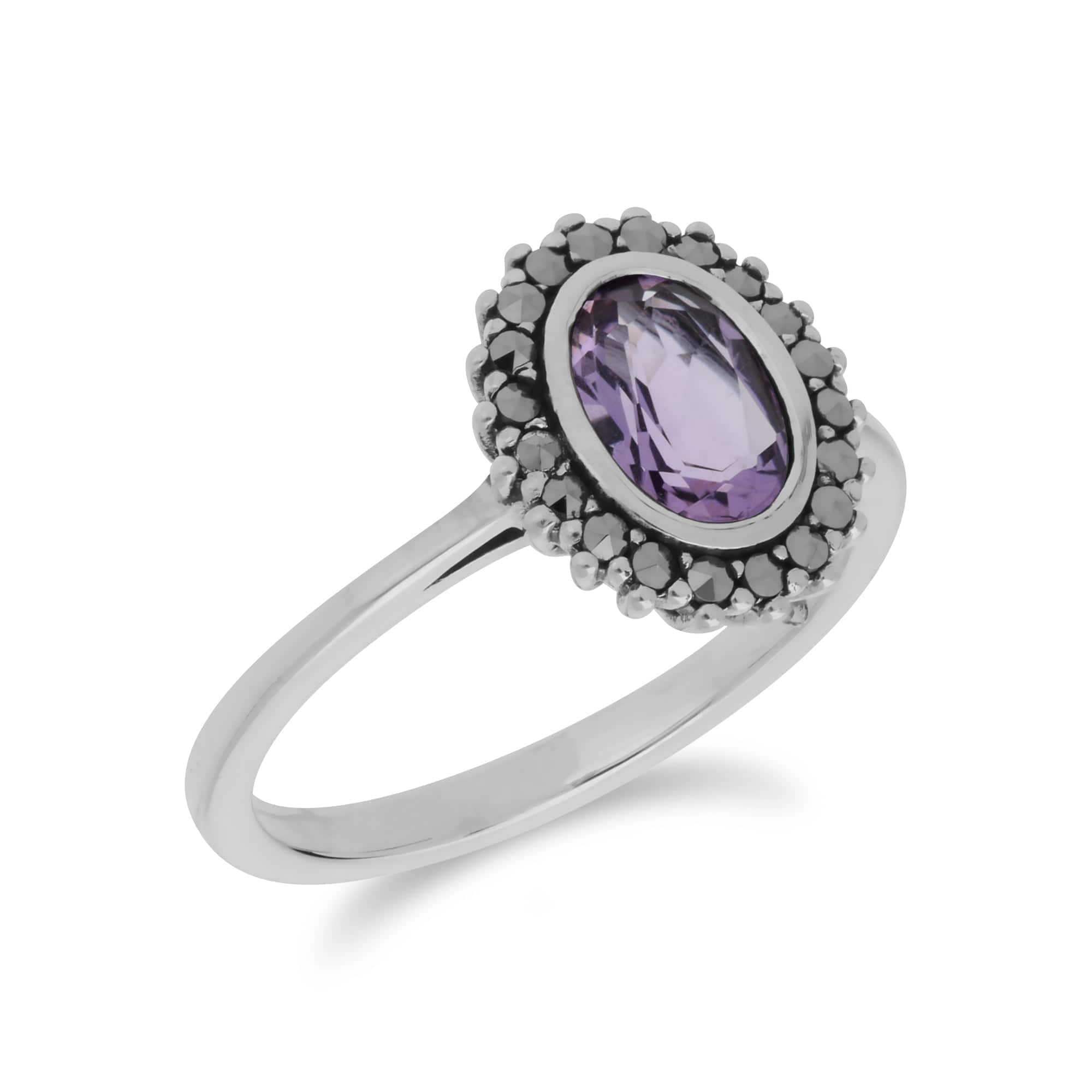 214R599702925 Art Deco Style Oval Amethyst & Marcasite Halo Ring in 925 Sterling Silver 2