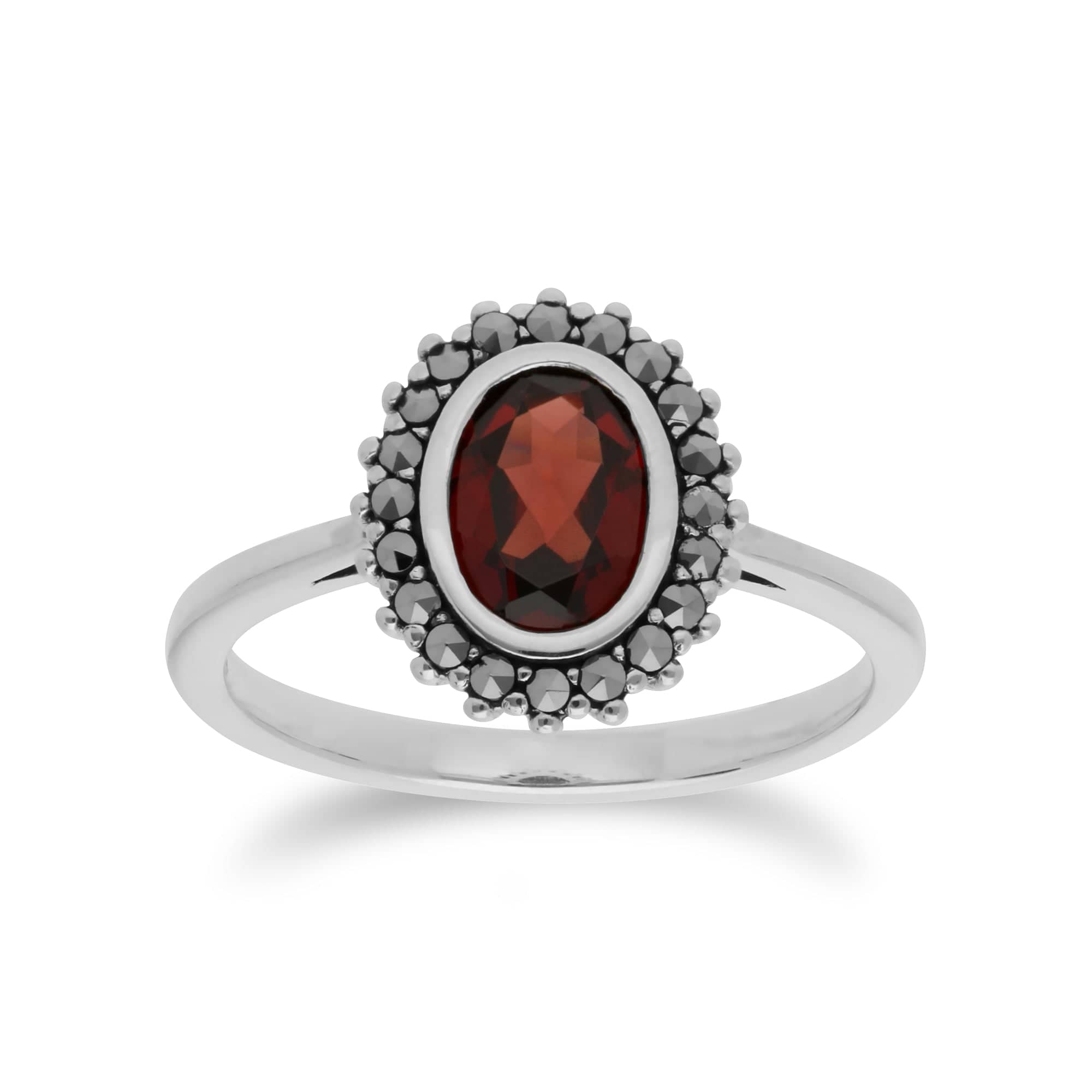 214R599703925 Art Deco Style Oval Garnet & Marcasite Halo Ring in 925 Sterling Silver 1