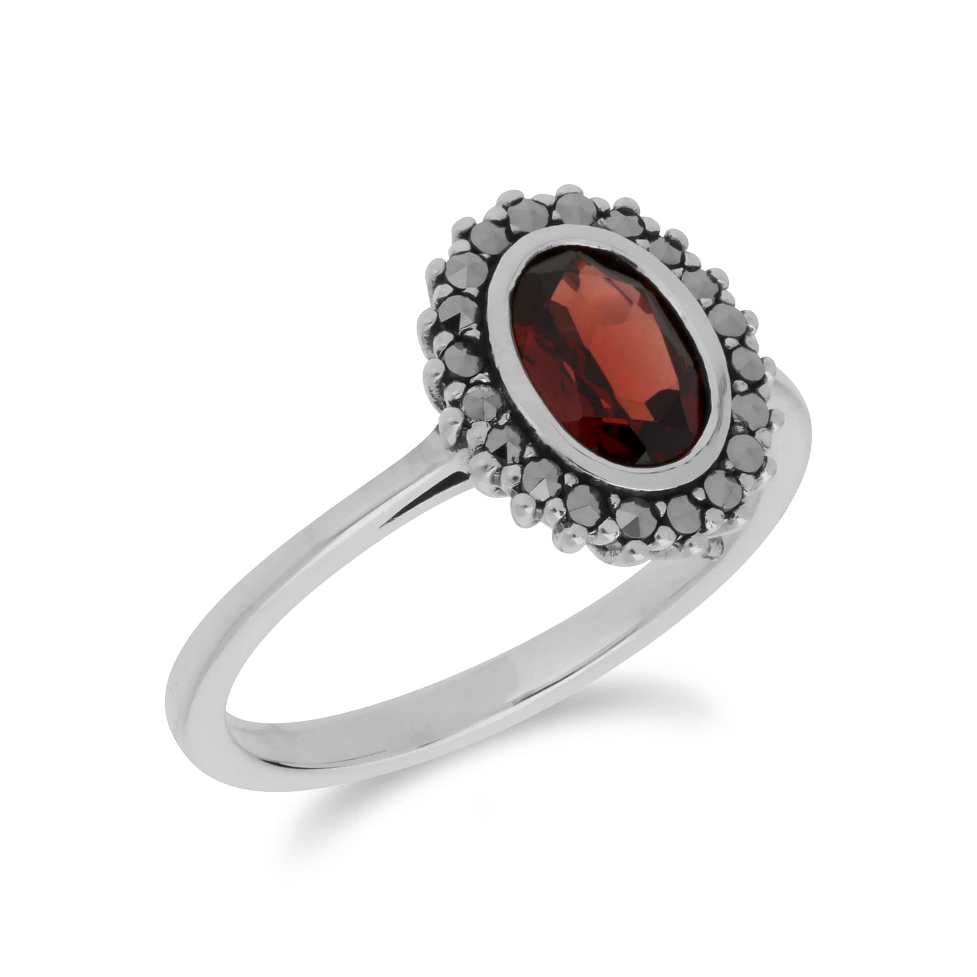 214R599703925 Art Deco Style Oval Garnet & Marcasite Halo Ring in 925 Sterling Silver 2