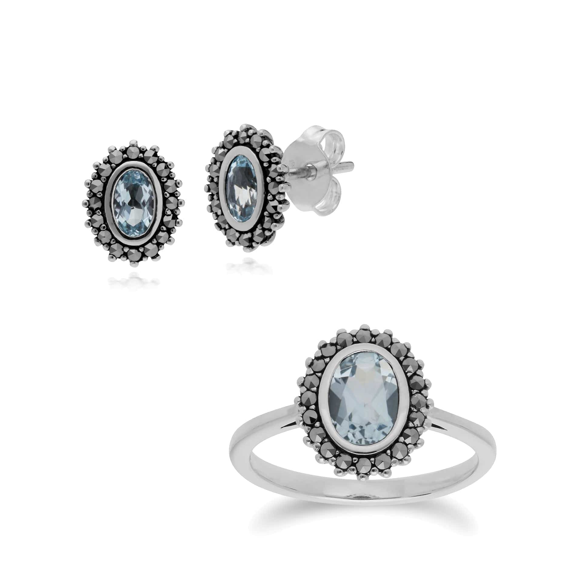 214E860901925-214R599701925 Art Deco Style Oval Blue Topaz & Marcasite Halo Stud Earrings & Ring Set in 925 Sterling Silver 1