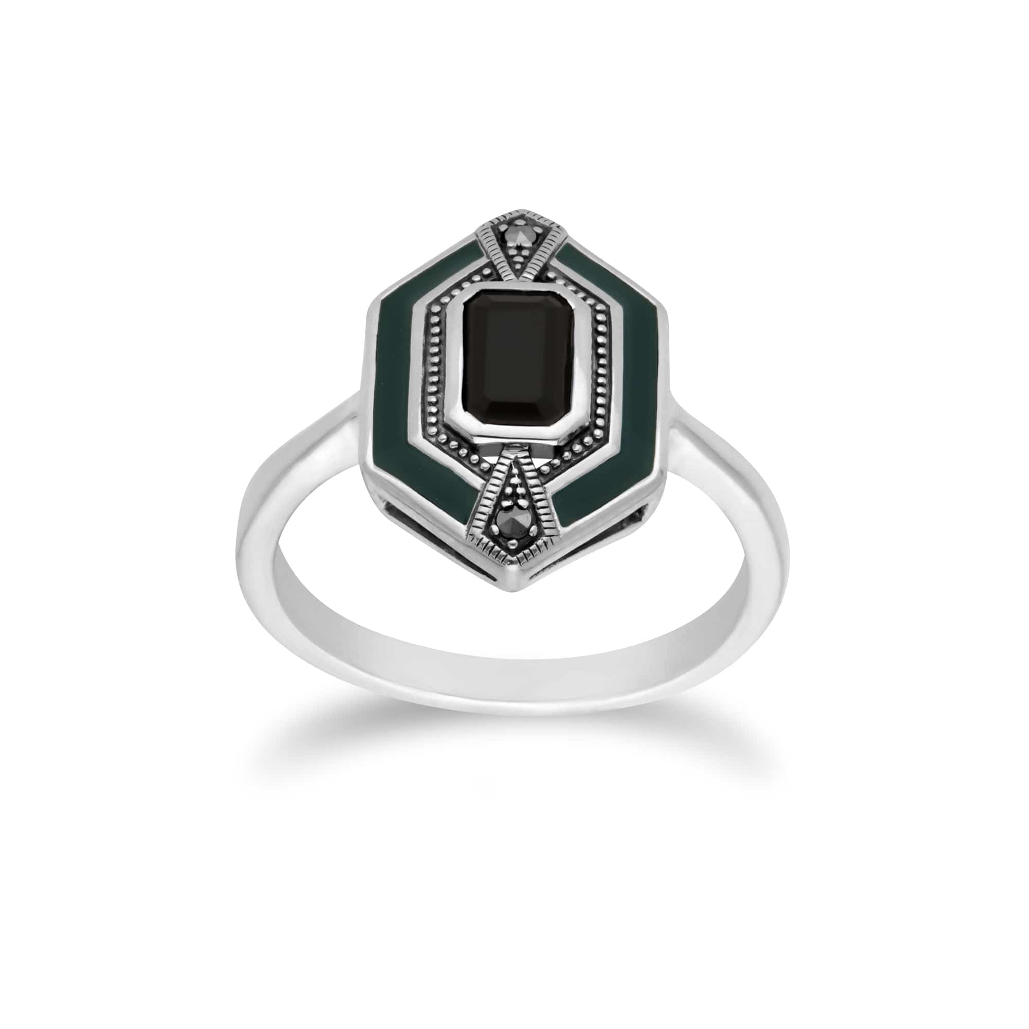 214E868104925-214R602604925 Art Deco Style Black Onyx, Marcasite & Green Enamel Hexagon Stud Earrings & Ring Set in 925 Sterling Silver 3
