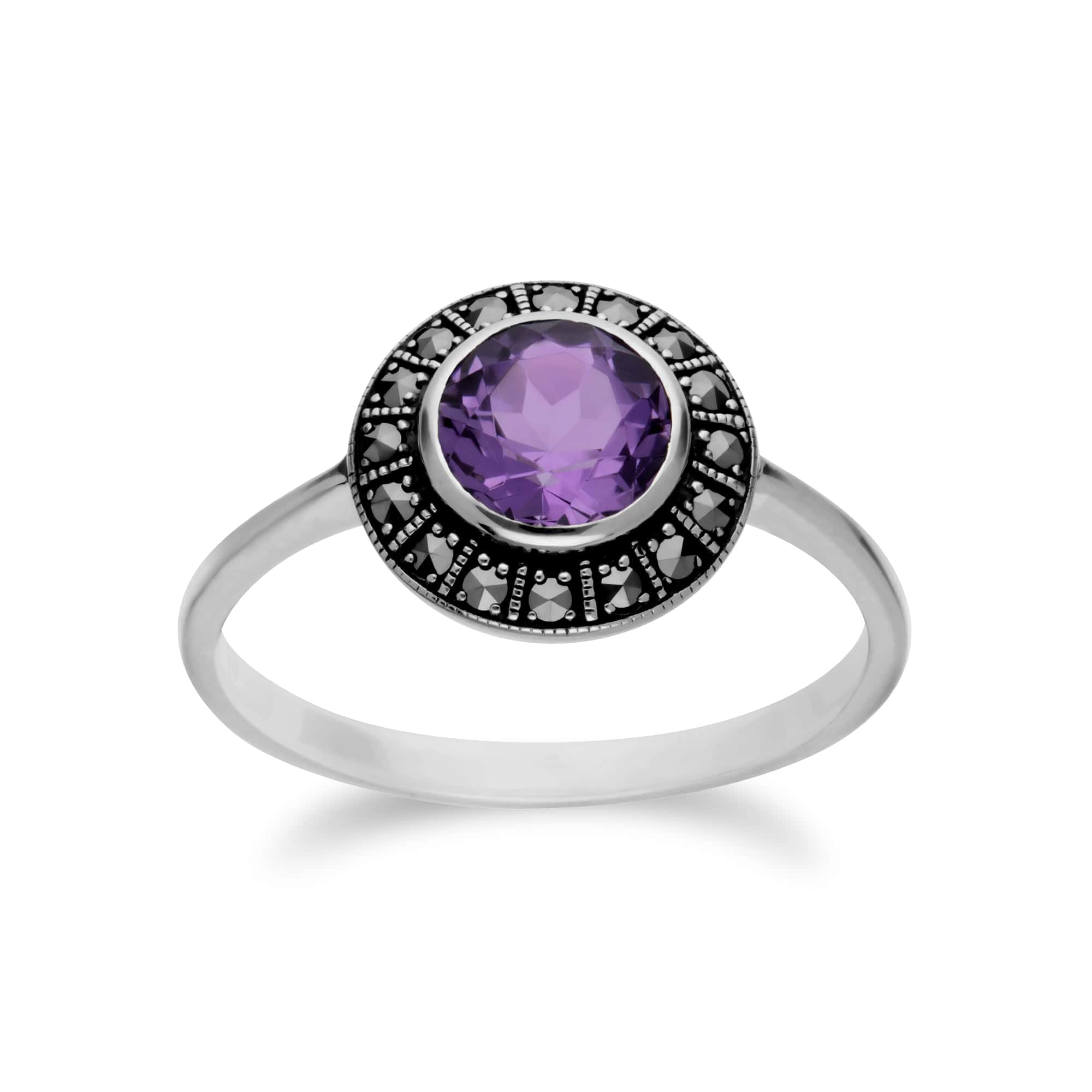 214R605601925 Art Deco Style Round Amethyst & Marcasite Halo Ring In Sterling Silver 1