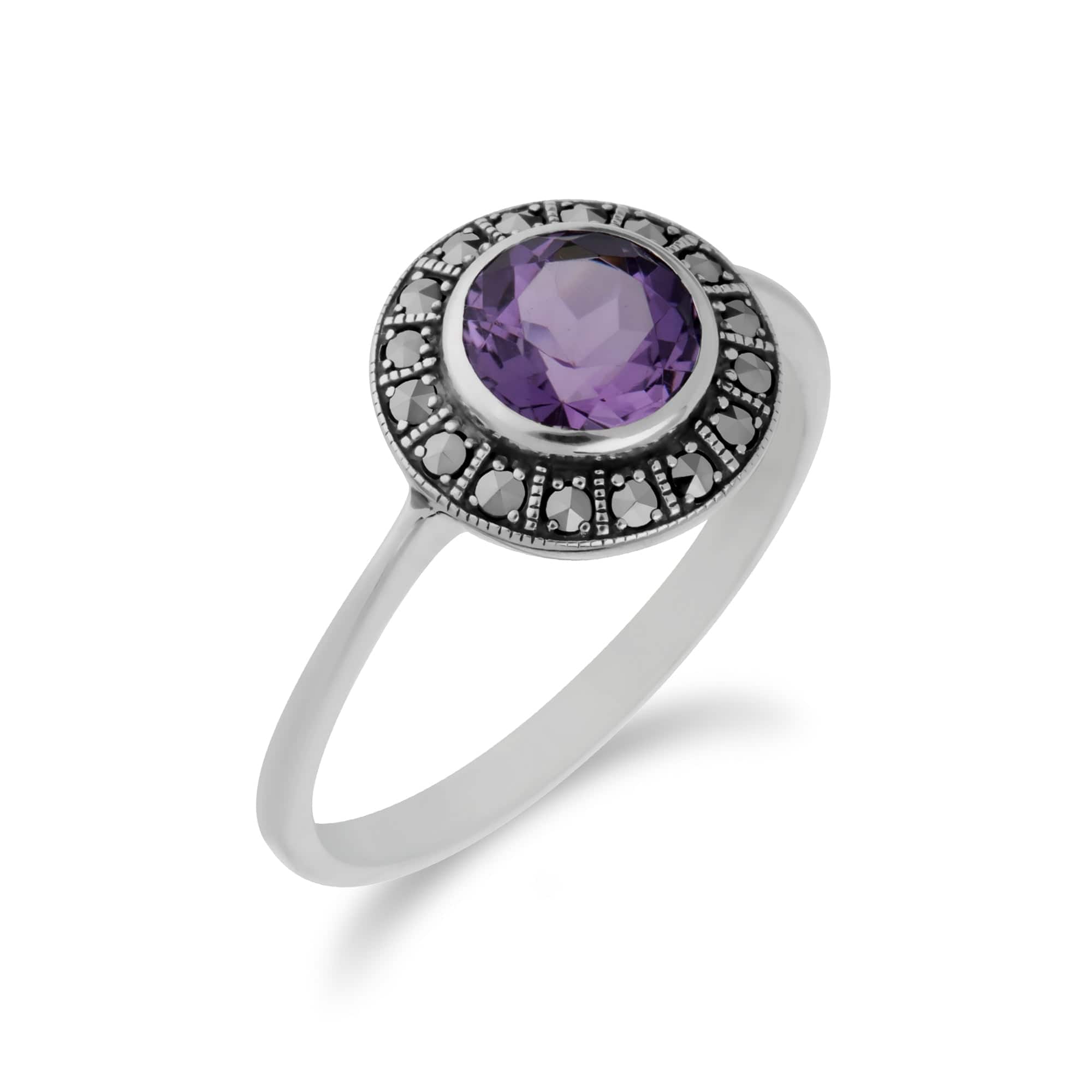 214R605601925 Art Deco Style Round Amethyst & Marcasite Halo Ring In Sterling Silver 2
