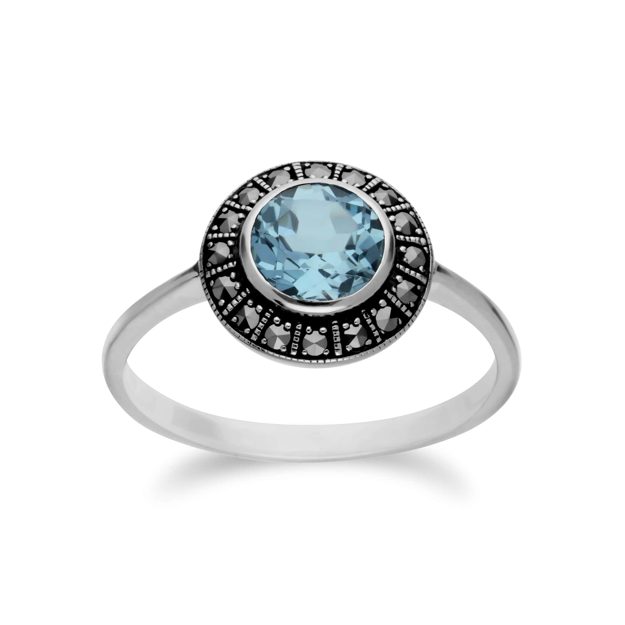214R605602925 Art Deco Style Round Blue Topaz & Marcasite Silver  Halo Ring 1