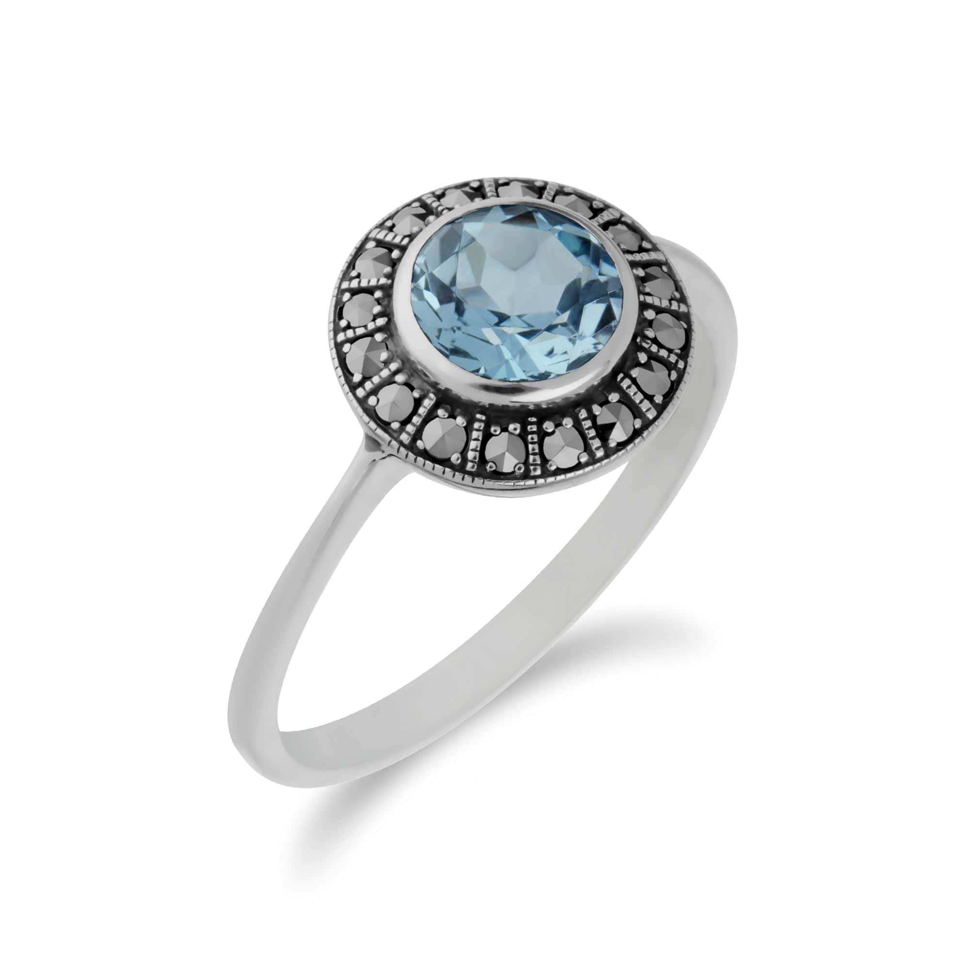 214R605602925 Art Deco Style Round Blue Topaz & Marcasite Silver  Halo Ring 2